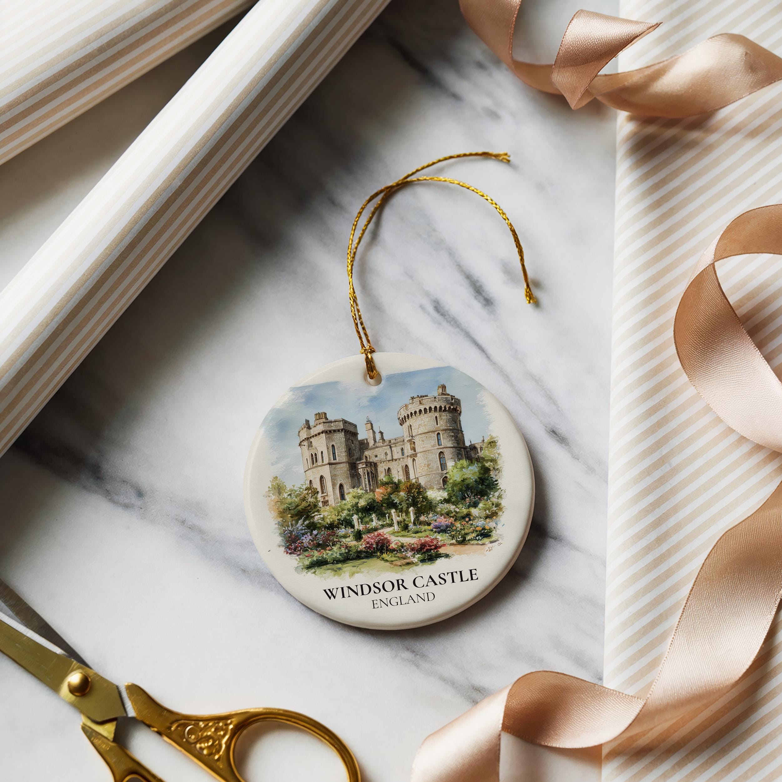 Windsor Castle England Personalized Watercolor Ornament, Custom Ceramic Christmas gift, Travel Keepsake