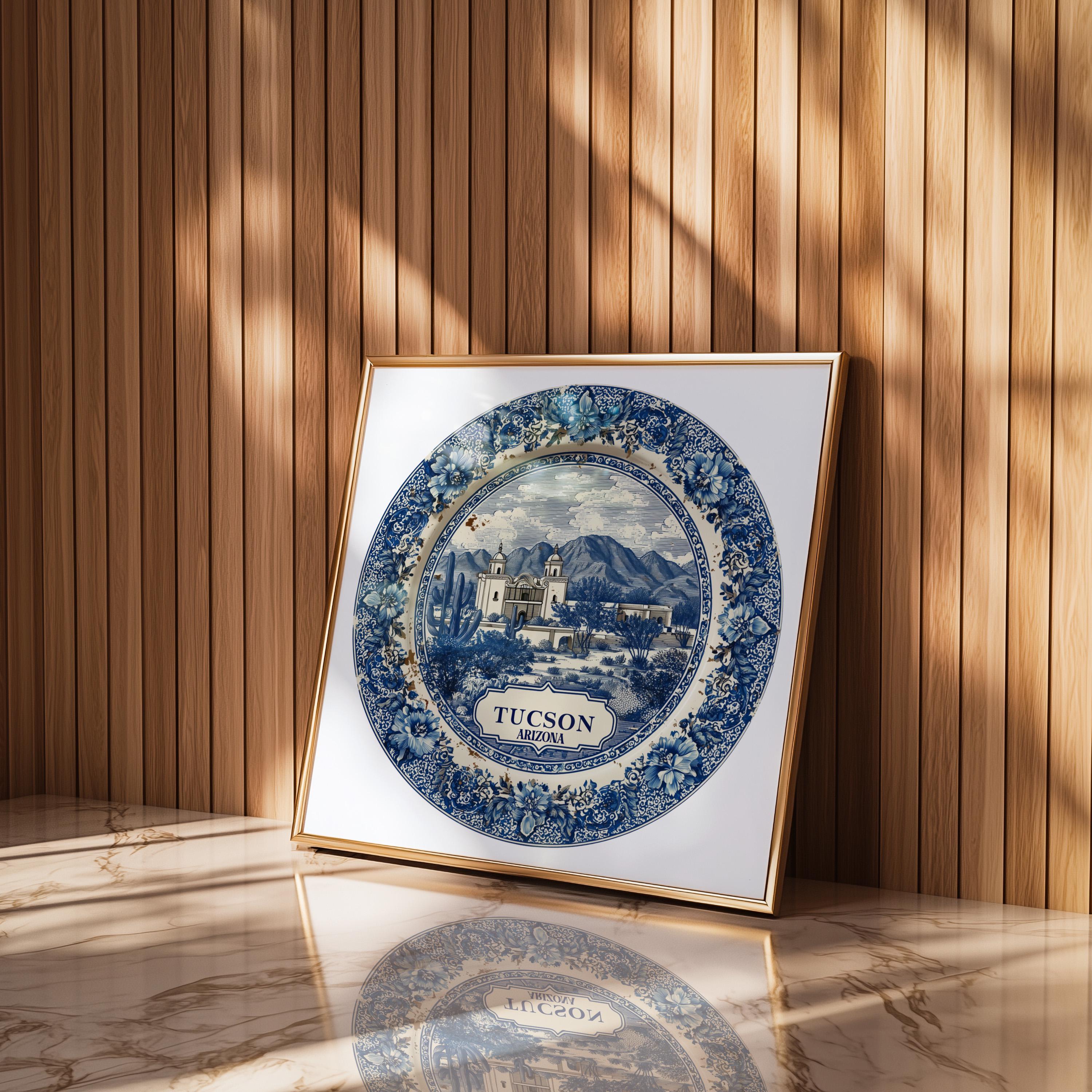 Tucson Arizona Wall Art, Vintage Delft Blue Poster, City Print, Travel Home Decor