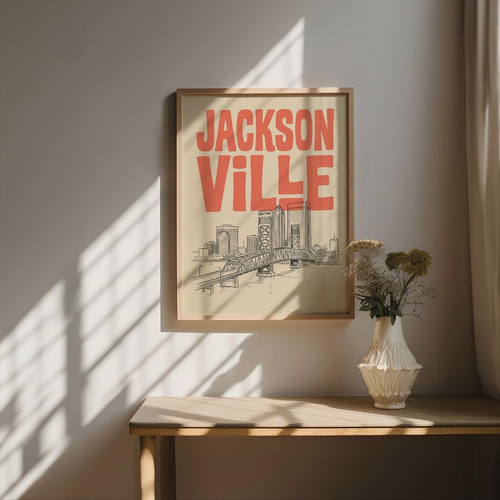 Jacksonville Florida Skyline Minimalist Wall Art, Framed Canvas Print, Retro City Decor