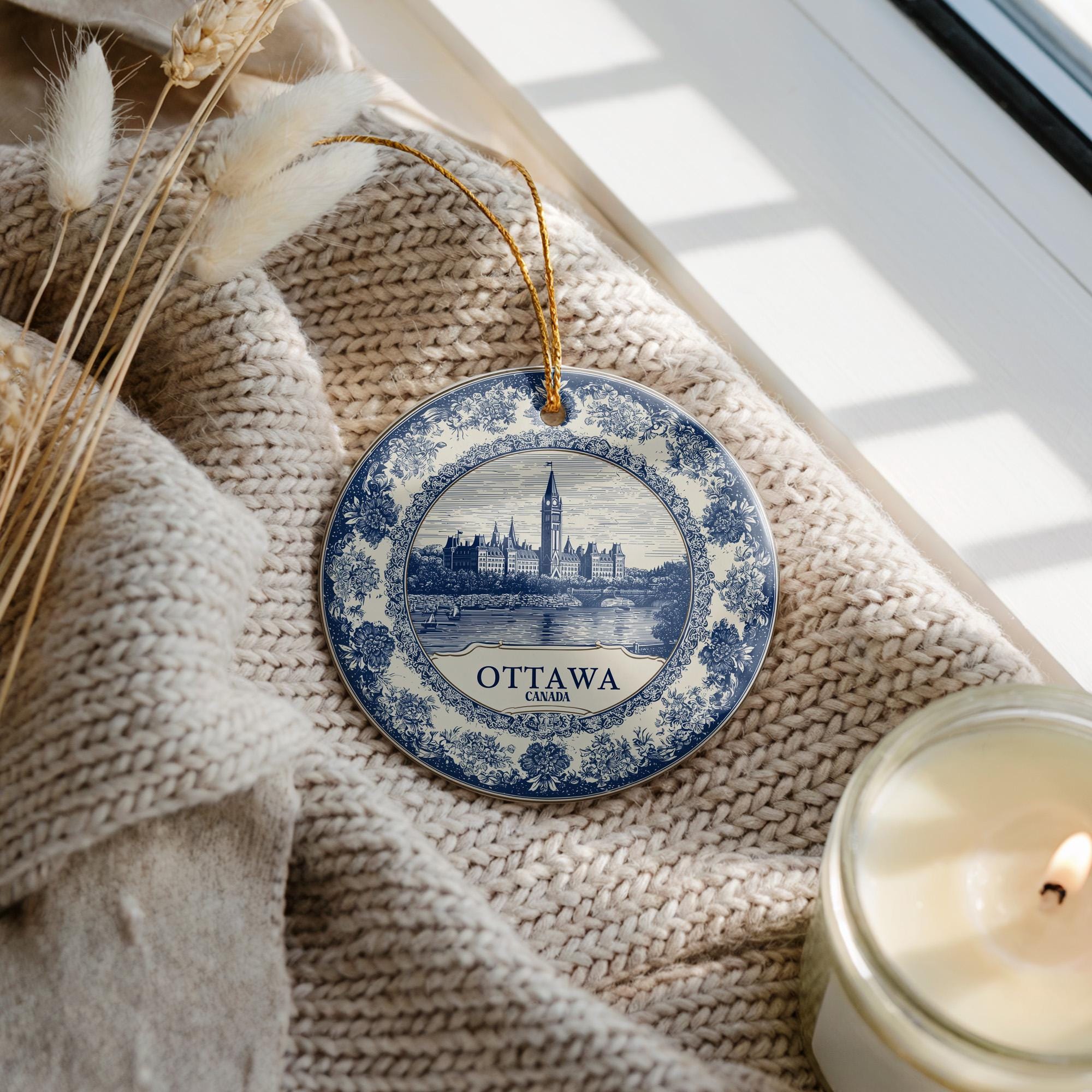 Custom Ottawa Canada Ceramic Delft Ornament, Christmas Delftware Blue Delftware city travel