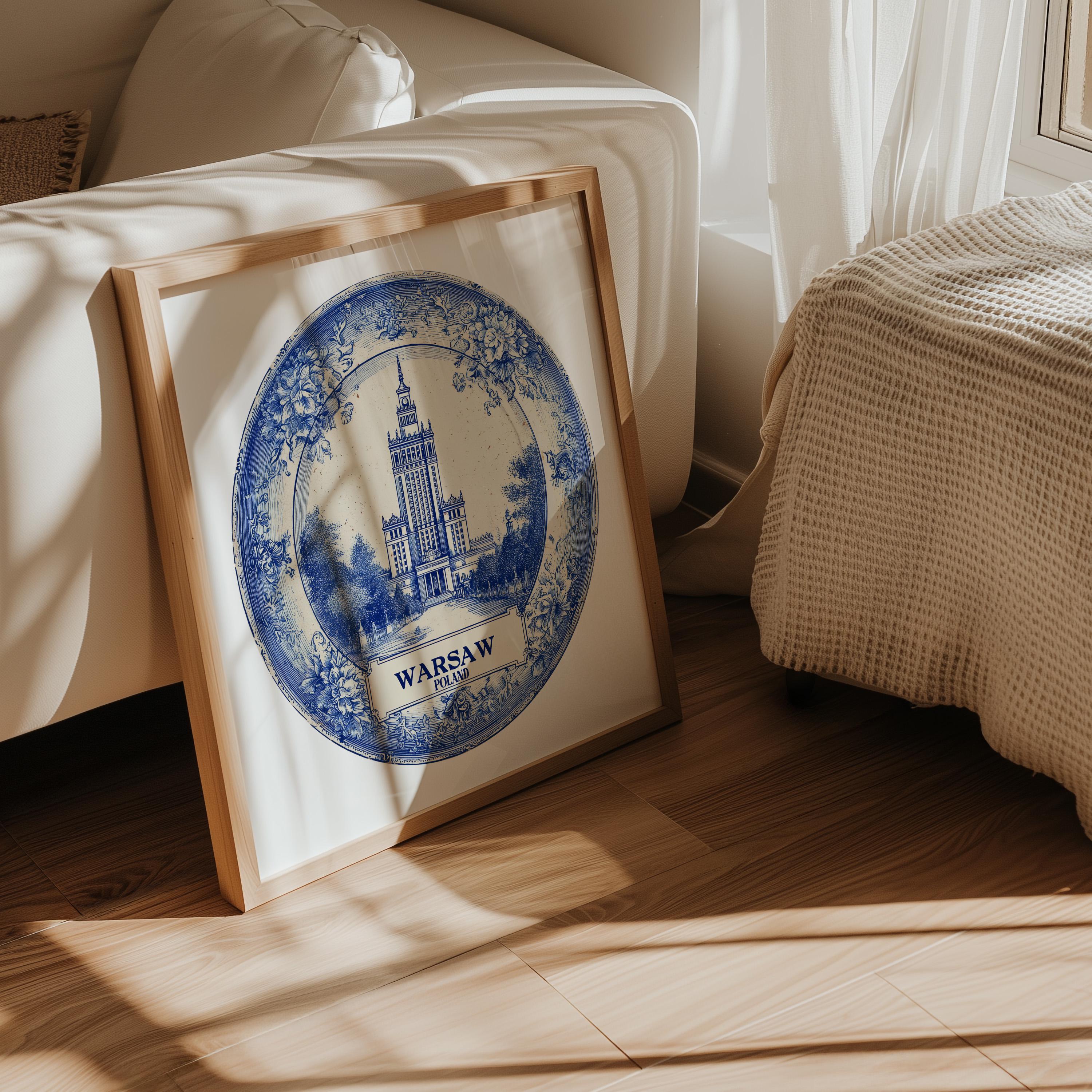 Warsaw Poland Wall Art, Vintage Delft Blue Poster, City Print, Travel Home Decor