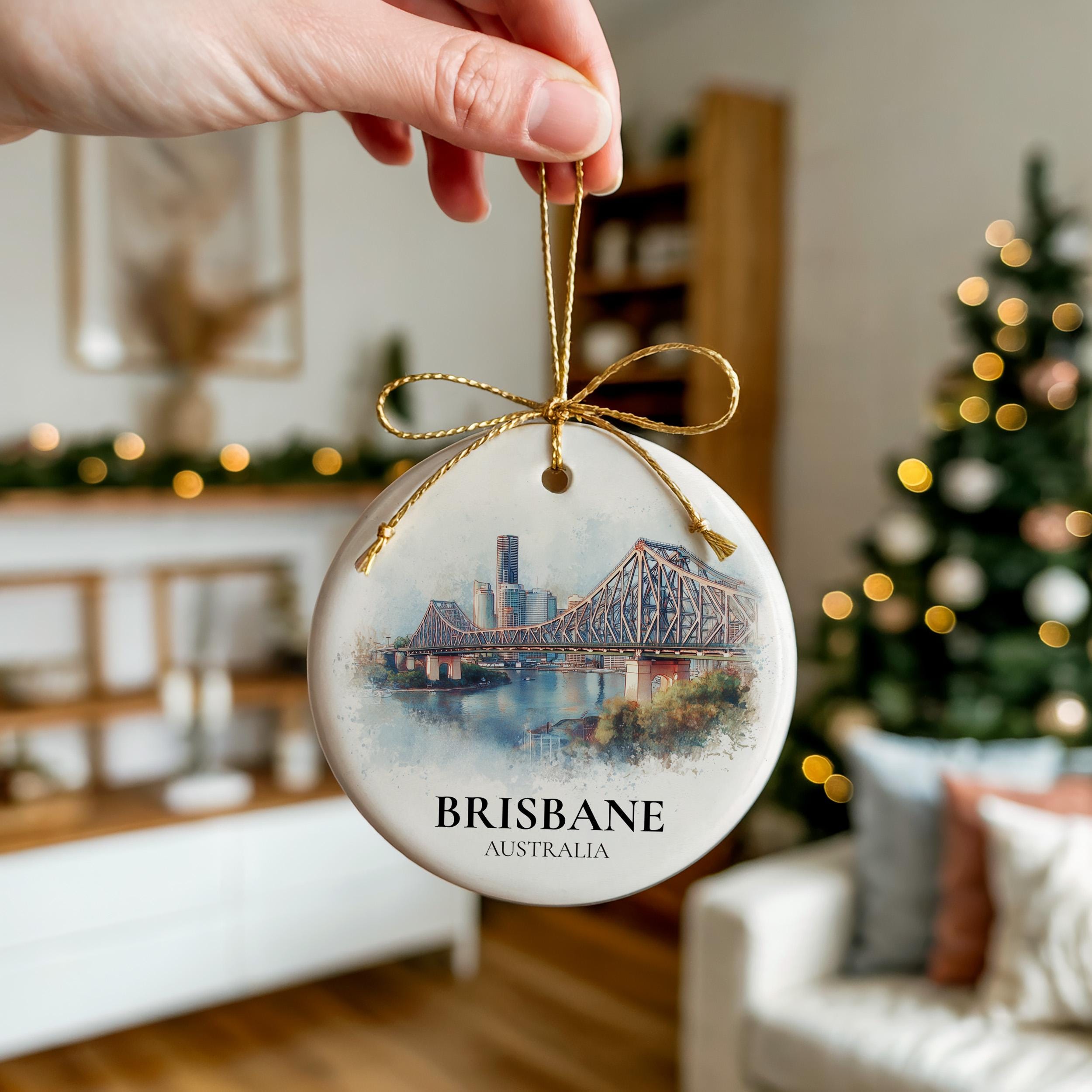 Brisbane Australia Personalized Watercolor Ornament, Custom Ceramic Christmas gift, Travel Keepsake