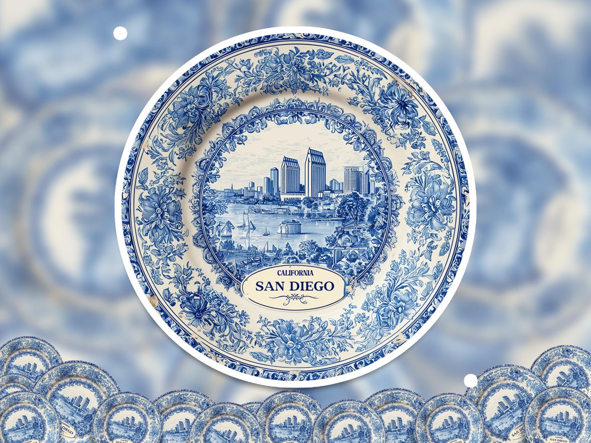 San Diego California Sticker Vintage Delft style, Delftware Decal Waterproof Vinyl, Blue City Travel