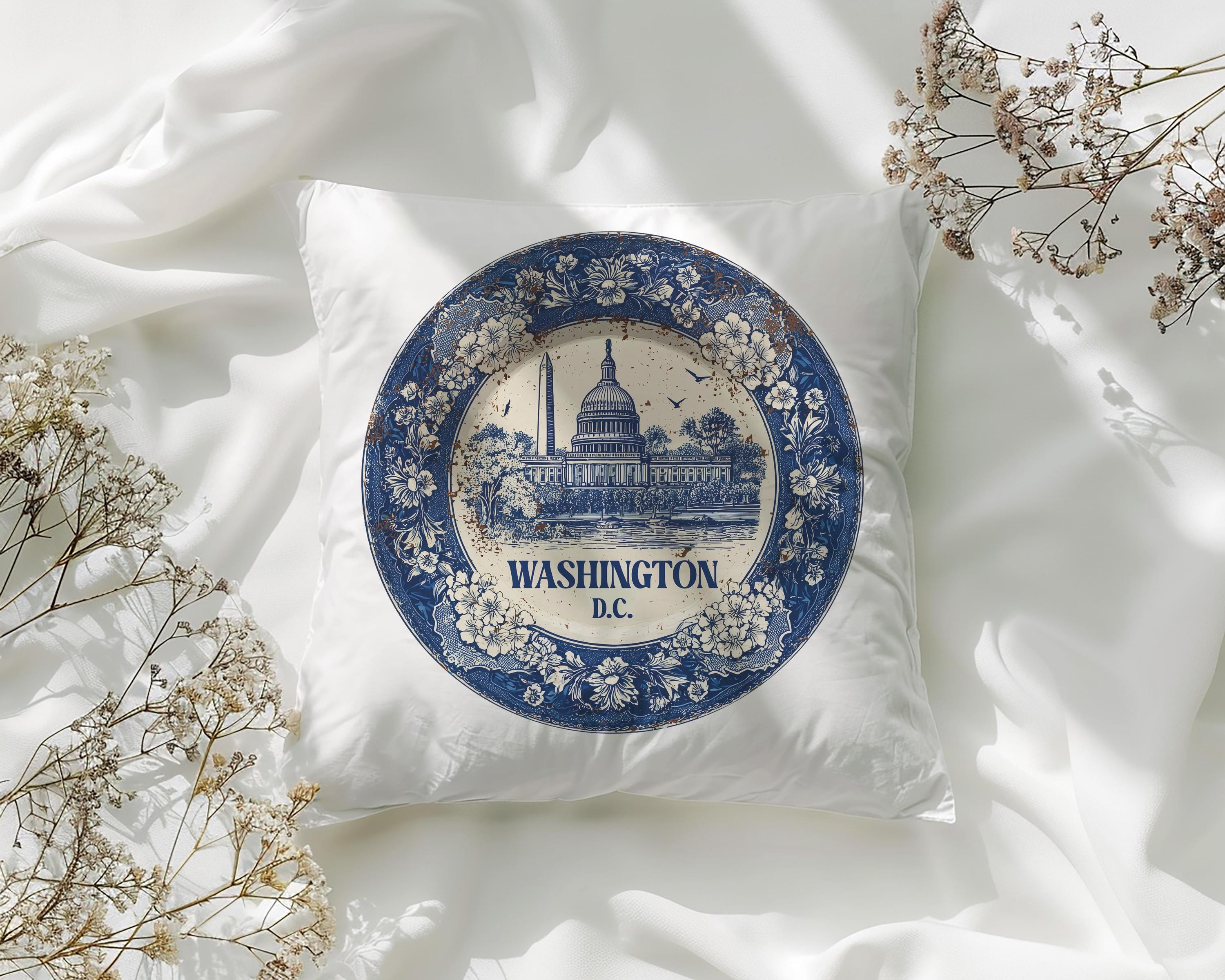 Washington DC Pillowcase, Delft Style Decorative Throw Pillow, Vintage Cityscape Retro Home Decor