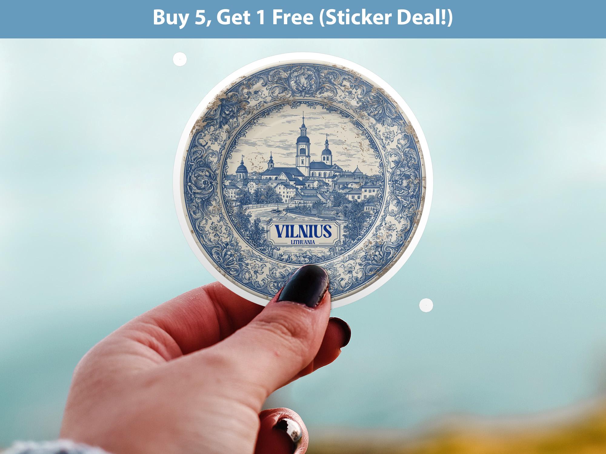 Vilnius Lithuania Sticker Vintage Delft style, Delftware Decal Waterproof Vinyl, Blue City Travel