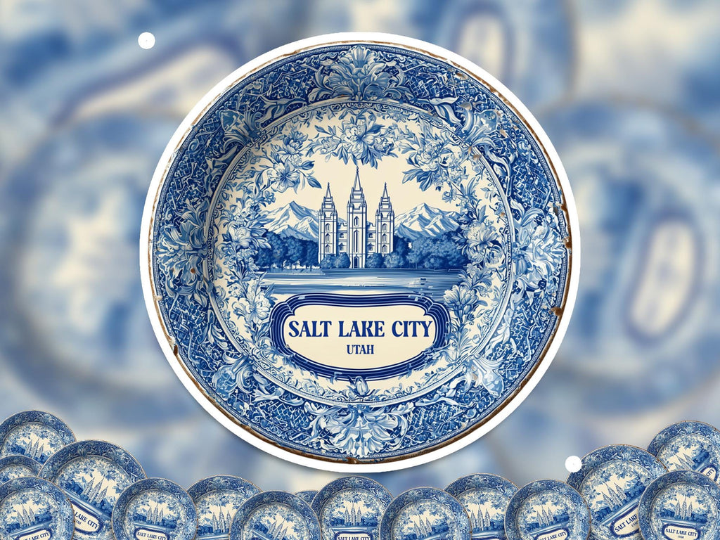 Salt Lake City Utah Sticker Vintage Delft style, Delftware Decal Waterproof Vinyl, Blue City Travel