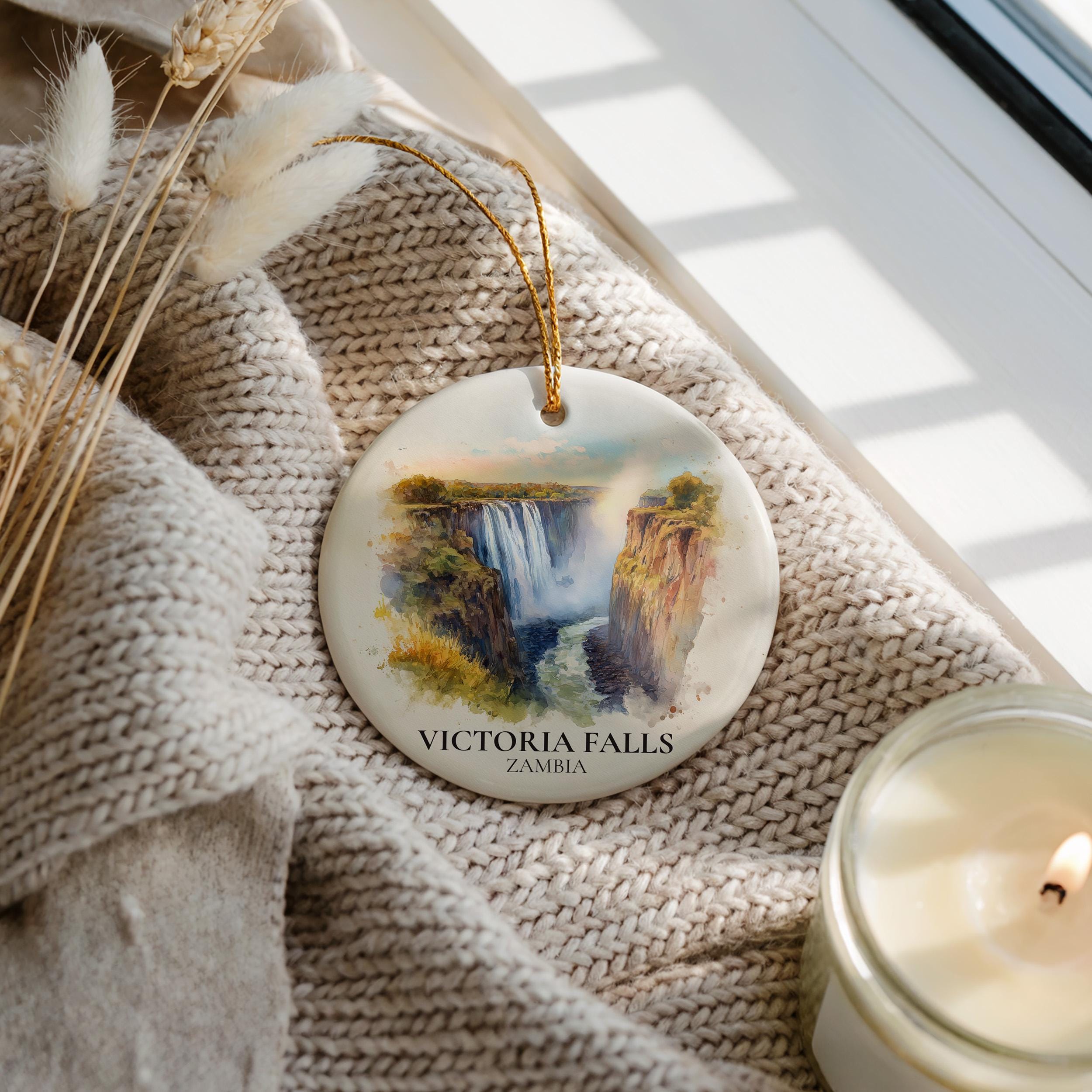 Victoria Falls Zambia Personalized Watercolor Ornament, Custom Ceramic Christmas gift, Travel Keepsake
