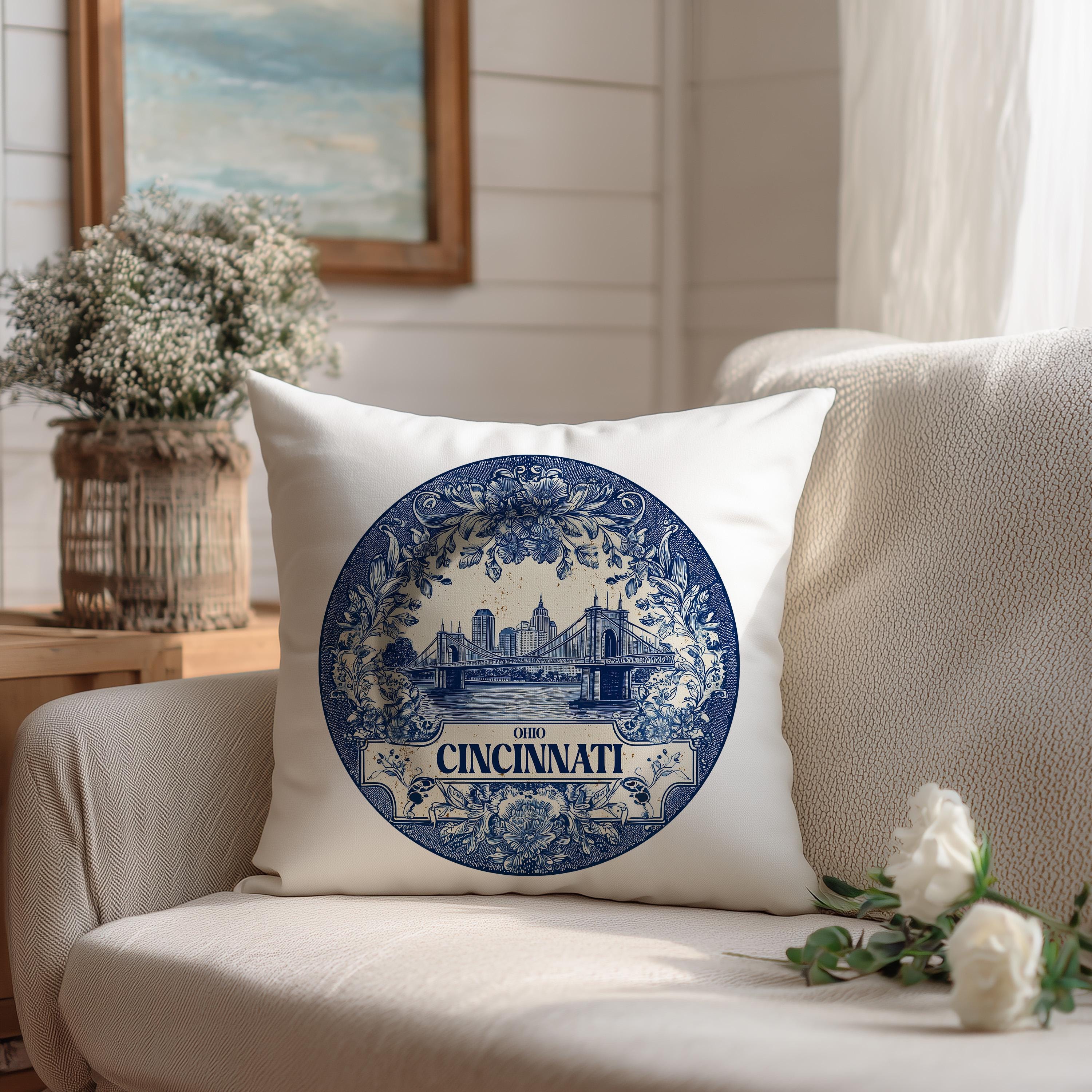 Cincinnati Ohio Pillowcase, Delft Style Decorative Throw Pillow, Vintage Cityscape Retro Home Decor