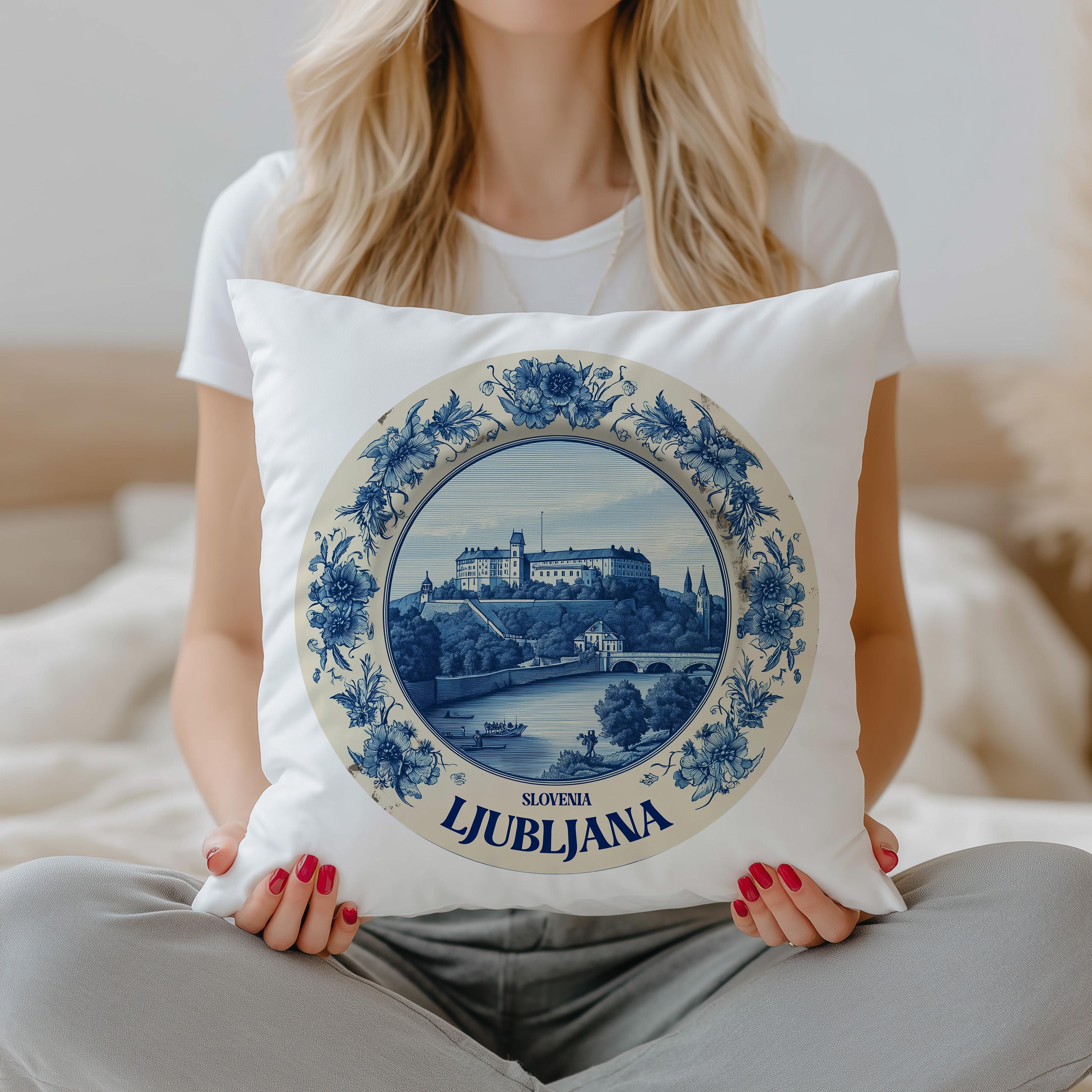 Ljubljana Slovenia Pillowcase, Delft Style Decorative Throw Pillow, Vintage Cityscape Retro Home Decor