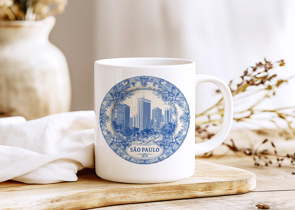 Sao Paulo Brazil Mug, Custom Delft Style cup, Personalized Vintage Travel City Gift