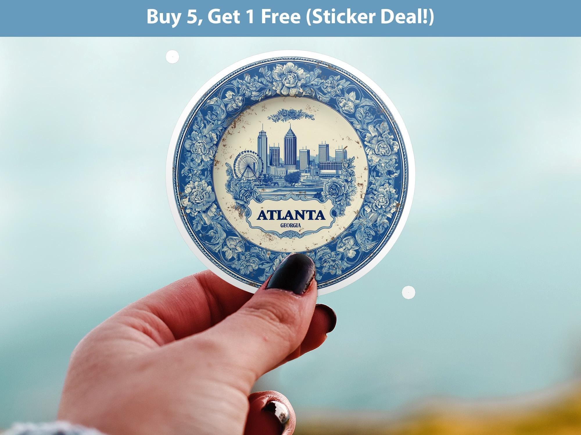 Atlanta Georgia Sticker Vintage Delft style, Delftware Decal Waterproof Vinyl, Blue City Travel USA