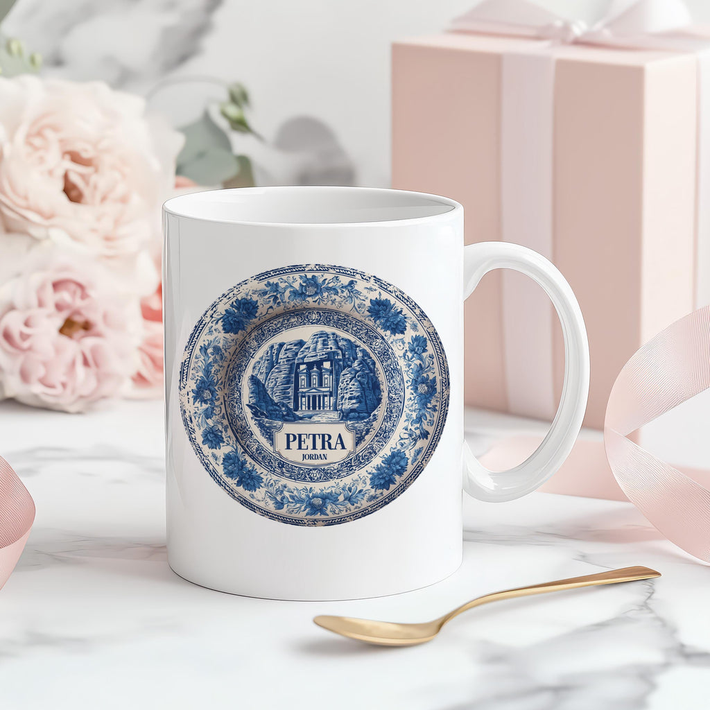 Petra Jordan Mug, Custom Delft Style cup, Personalized Vintage Travel City Gift
