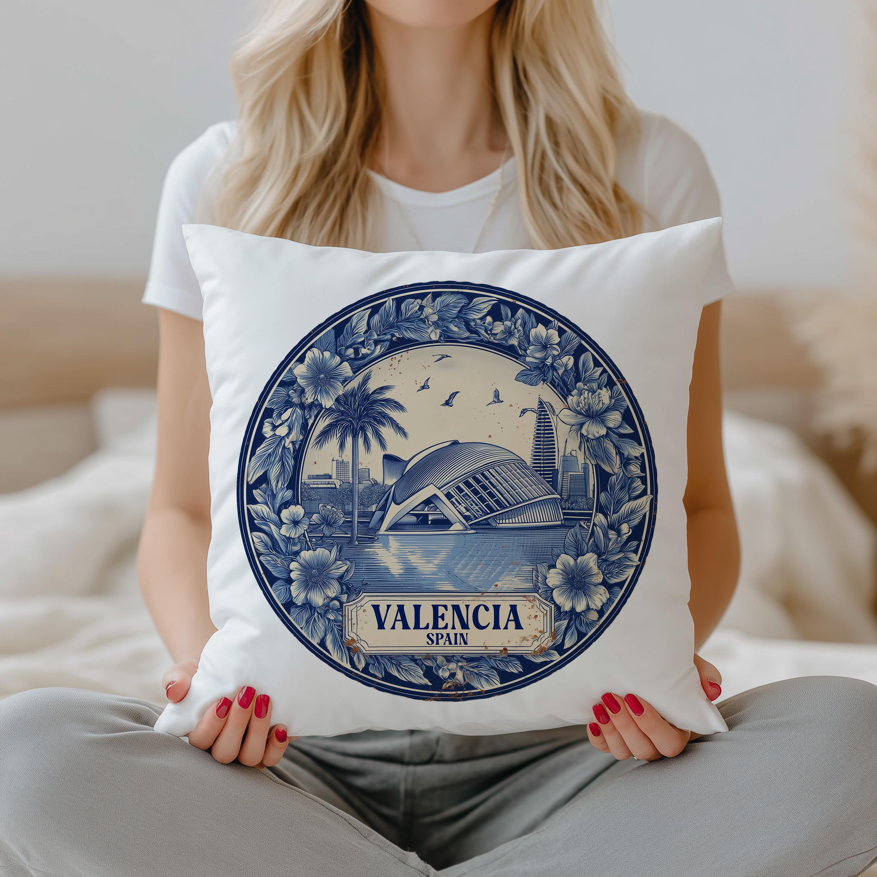 Valencia Spain Pillowcase, Delft Style Decorative Throw Pillow, Vintage Cityscape Retro Home Decor
