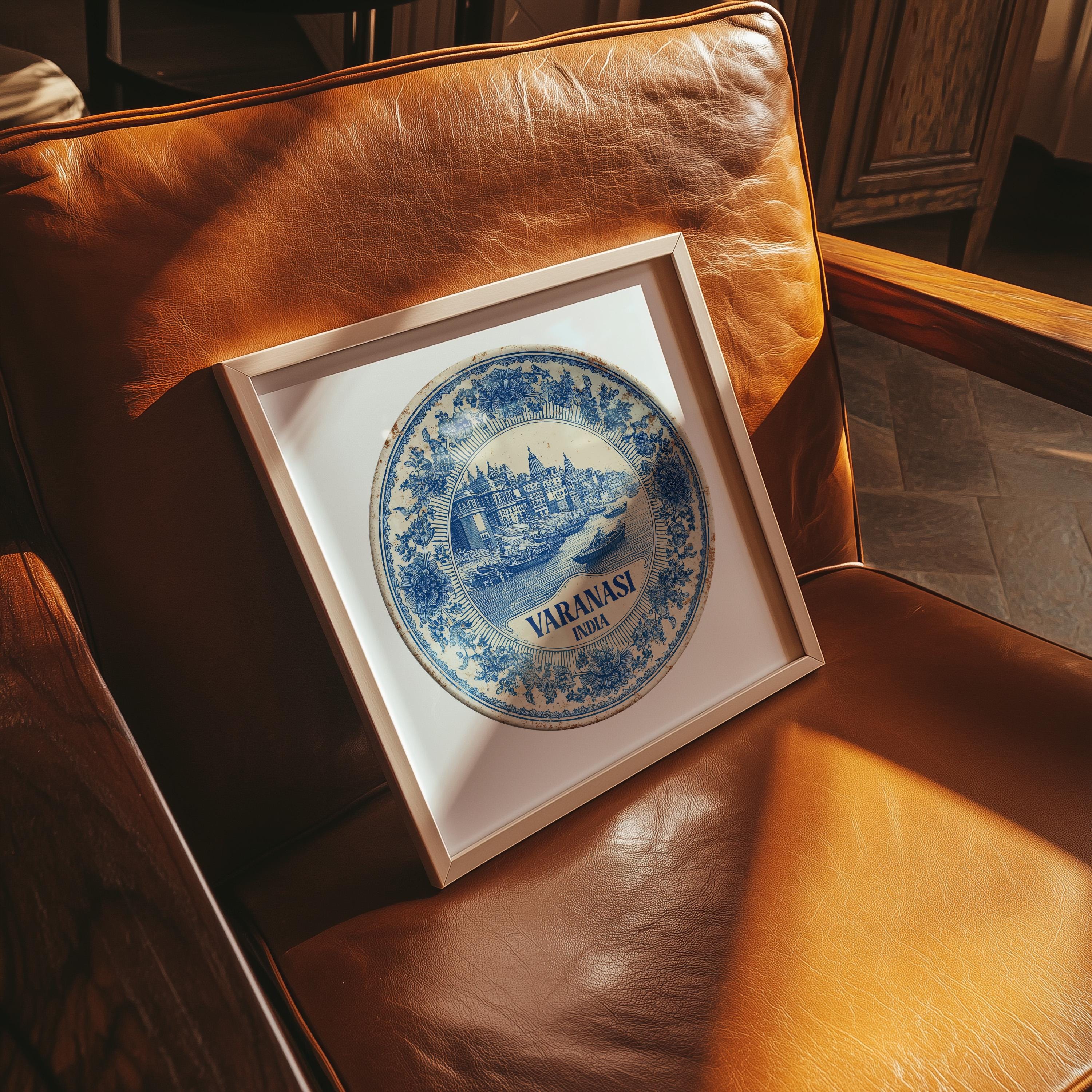 Varanasi India Wall Art, Vintage Delft Blue Poster, City Print, Travel Home Decor