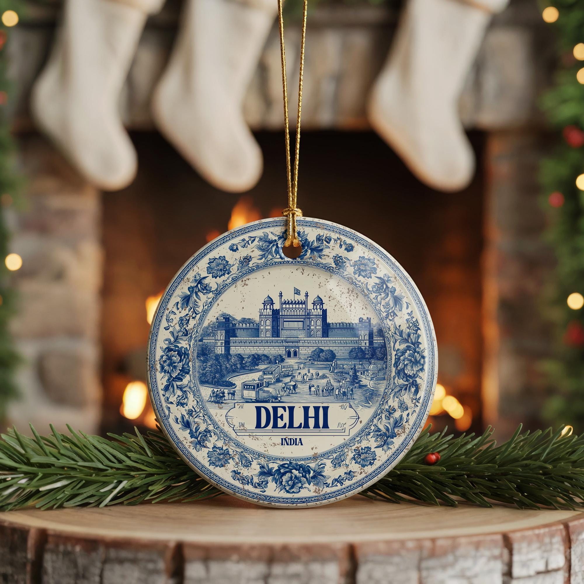 Custom Delhi India Ceramic Delft Ornament, Christmas Delftware Blue Delftware city travel