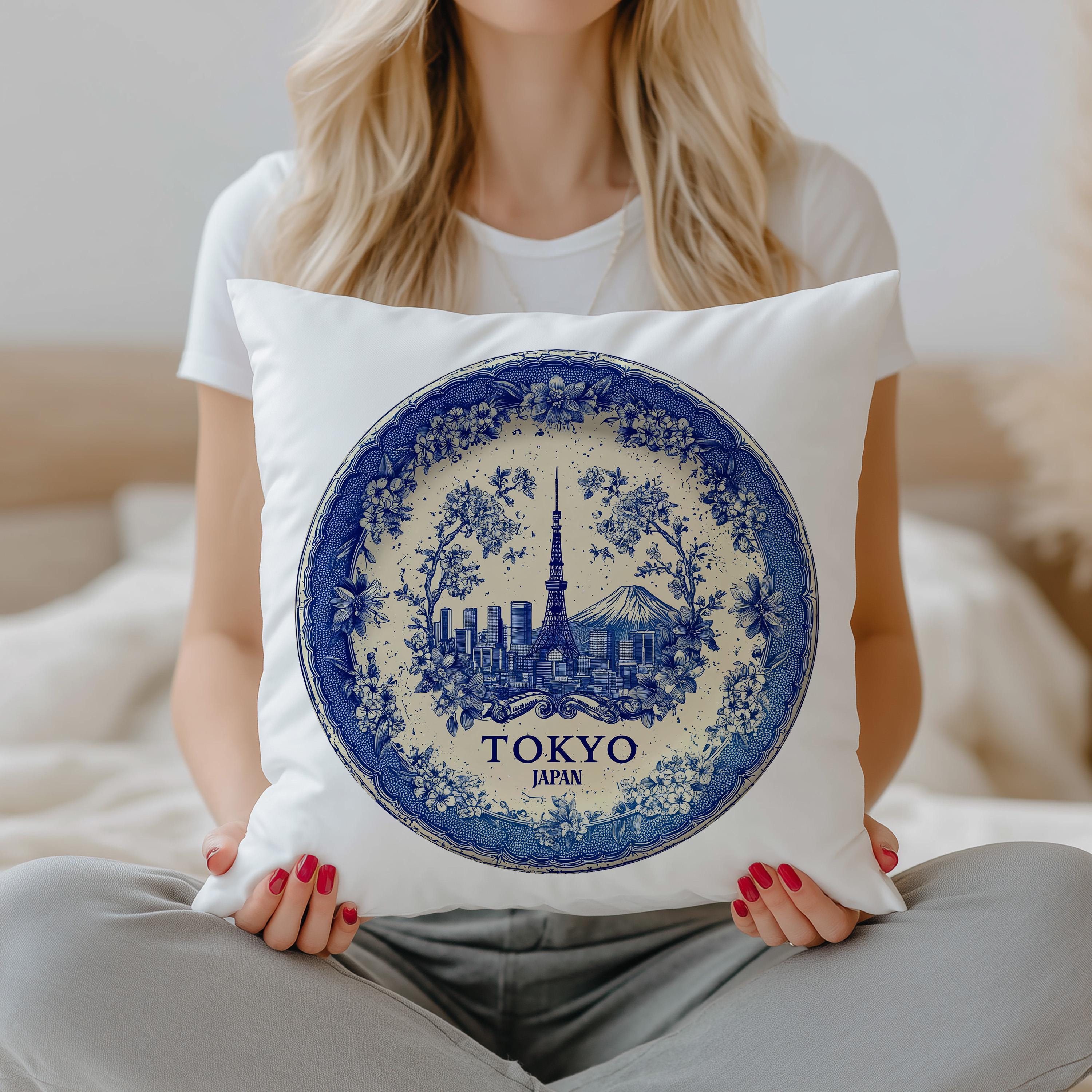 Tokyo Japan Pillowcase, Delft Style Decorative Throw Pillow, Vintage Cityscape Retro Home Decor