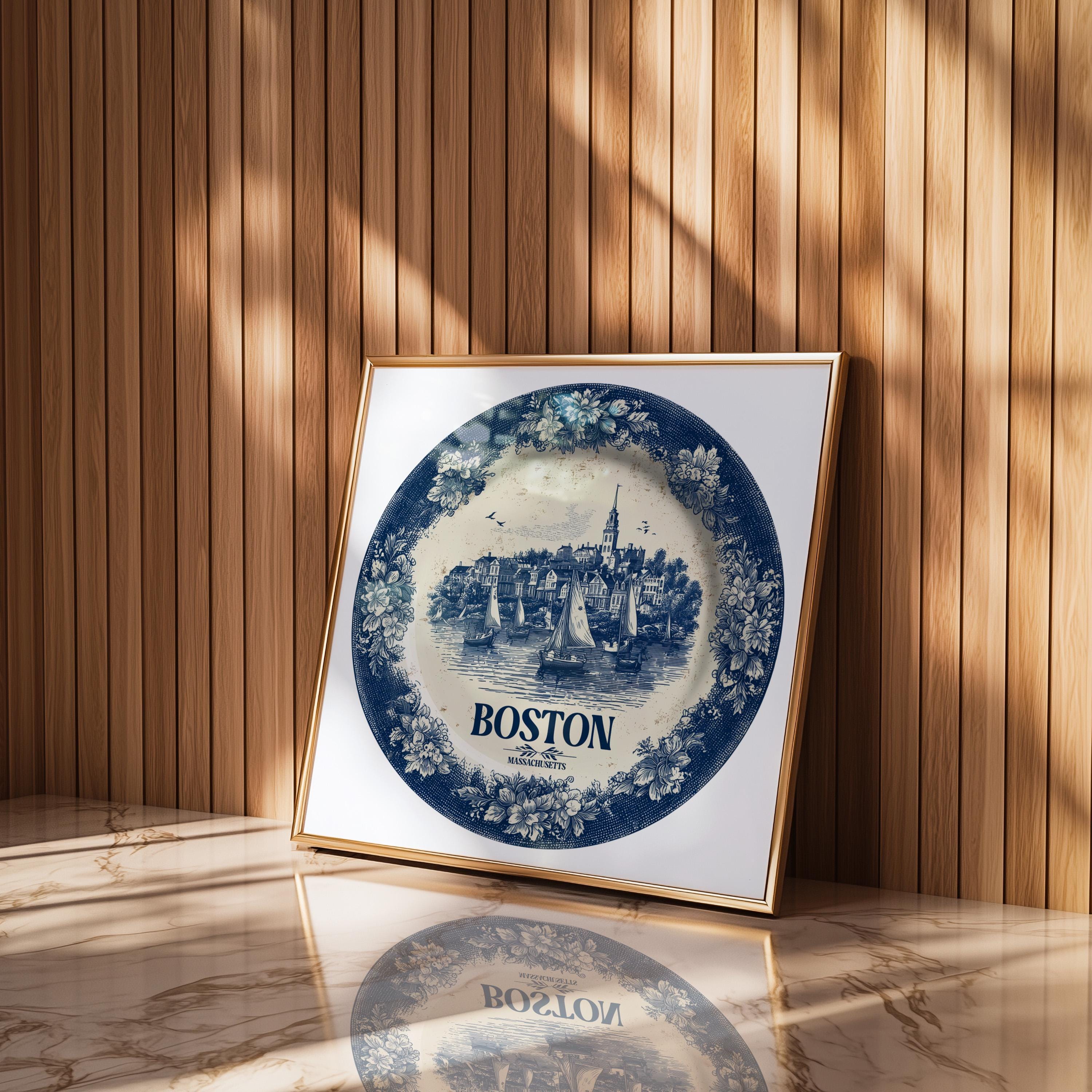Boston Wall Art Massachusetts, Vintage Delft Blue Poster, City Print, Travel Home Decor