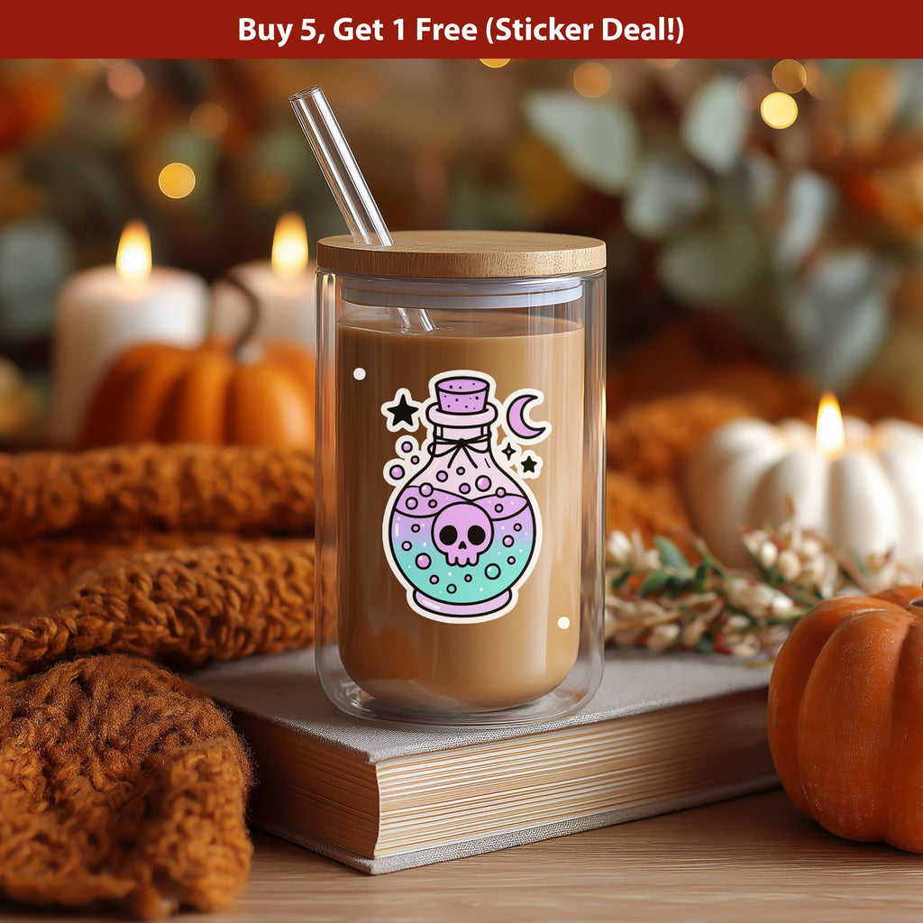 Celestial Potion Sticker, Kawaii Cute Halloween Moon Witch Bottle Decal, Pastel Gothic Vinyl