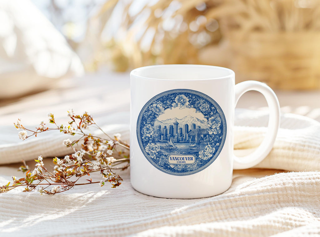 Vancouver Canada Mug, Custom Delft Style cup, Personalized Vintage Travel City Gift