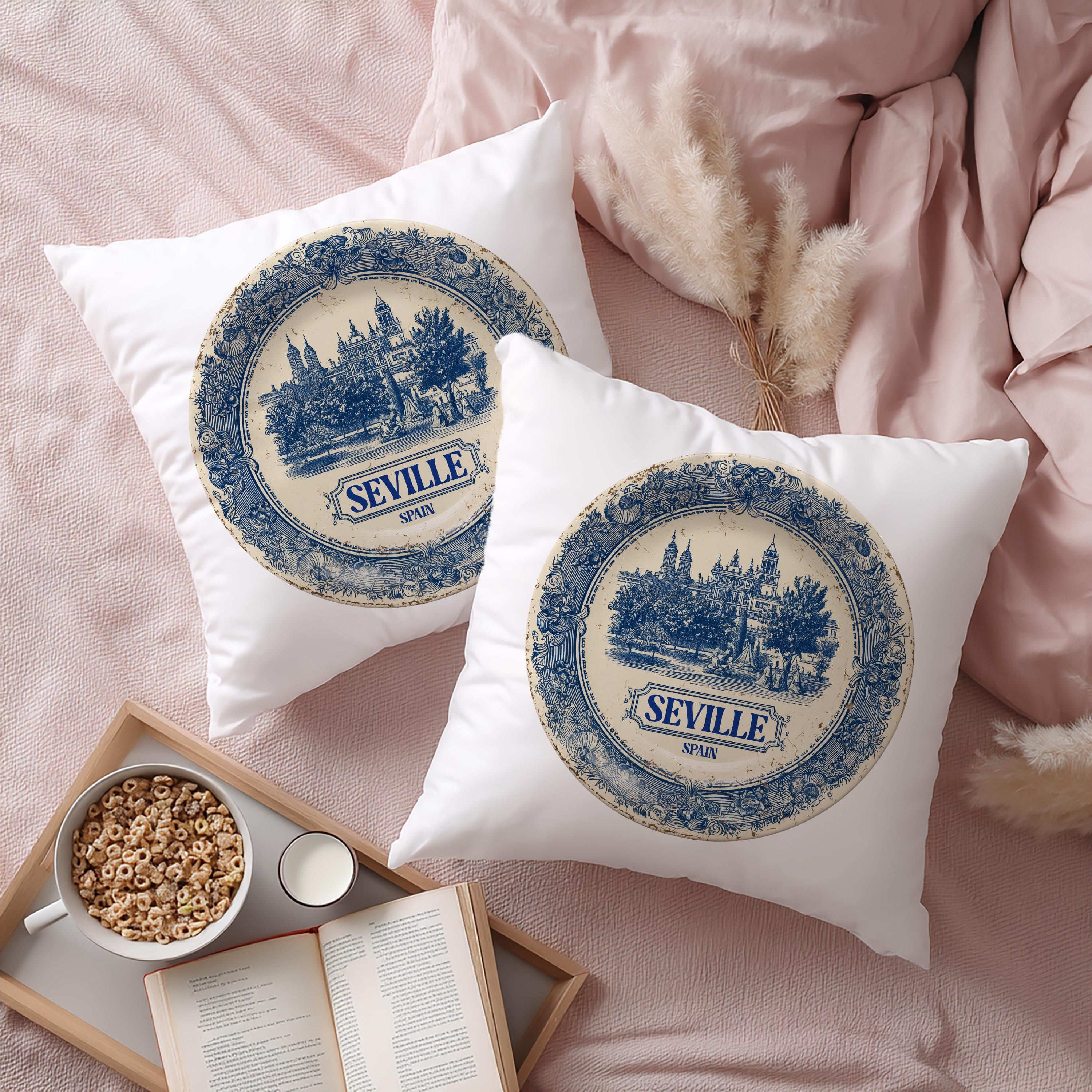 Seville Spain Pillowcase, Delft Style Decorative Throw Pillow, Vintage Cityscape Retro Home Decor