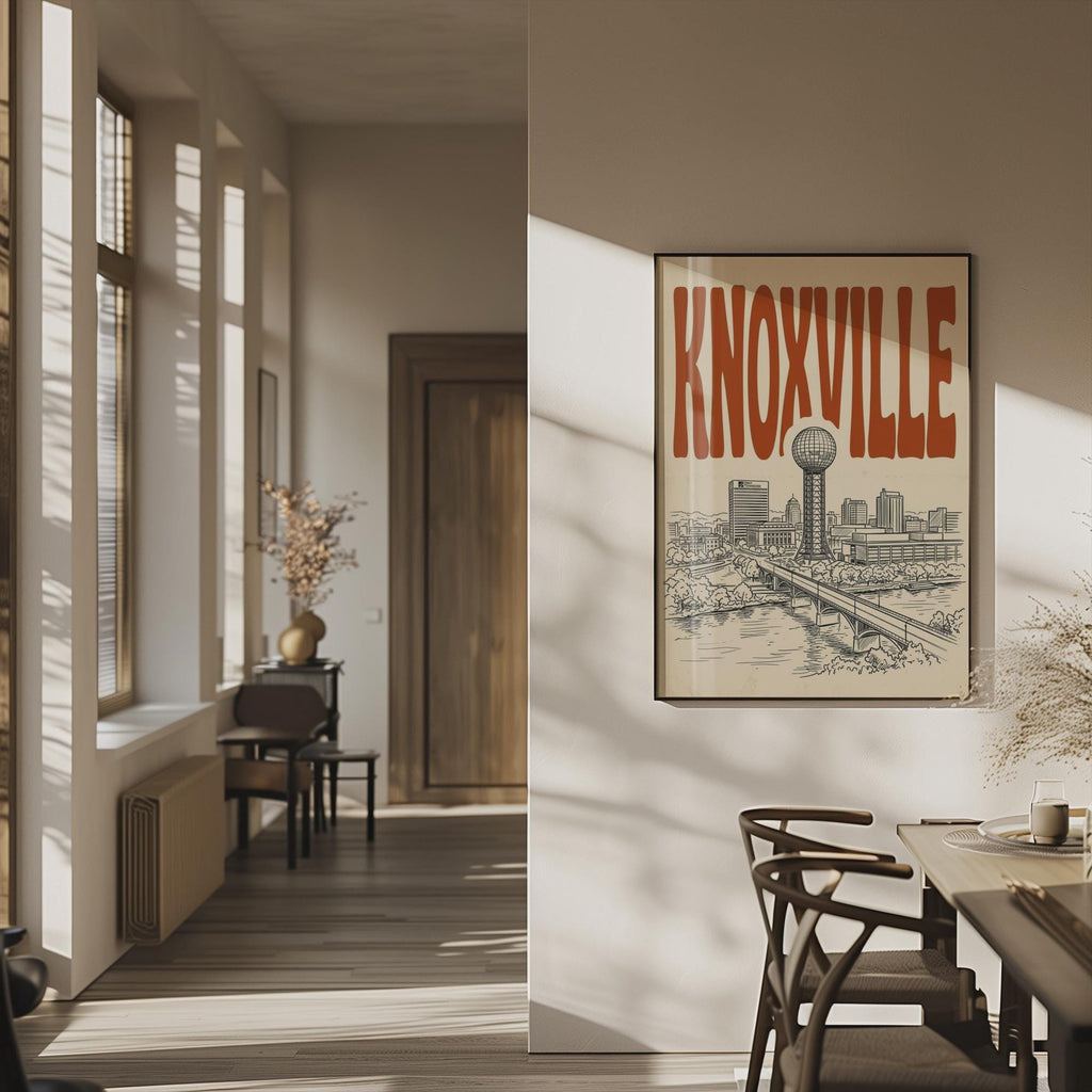 Knoxville Tennessee Skyline Wall Art, Framed Canvas Print, Retro City Decor