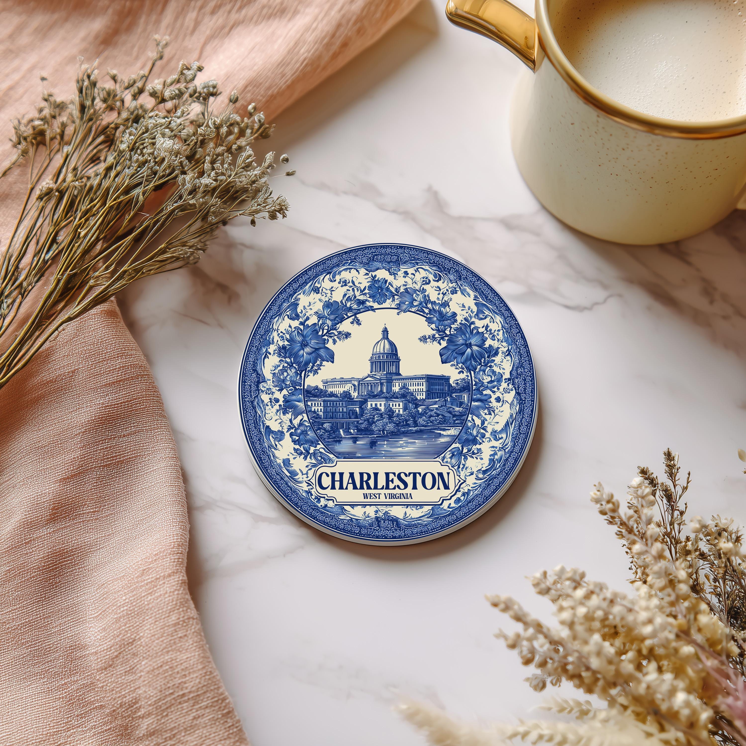 Charleston West Virginia Delftware Ceramic Coaster, Blue White Travel Gift, Vintage Home Decor