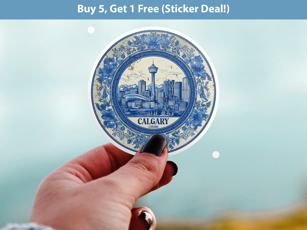 Calgary Canada Sticker Vintage Delft style, Delftware Decal Waterproof Vinyl, Blue City Travel