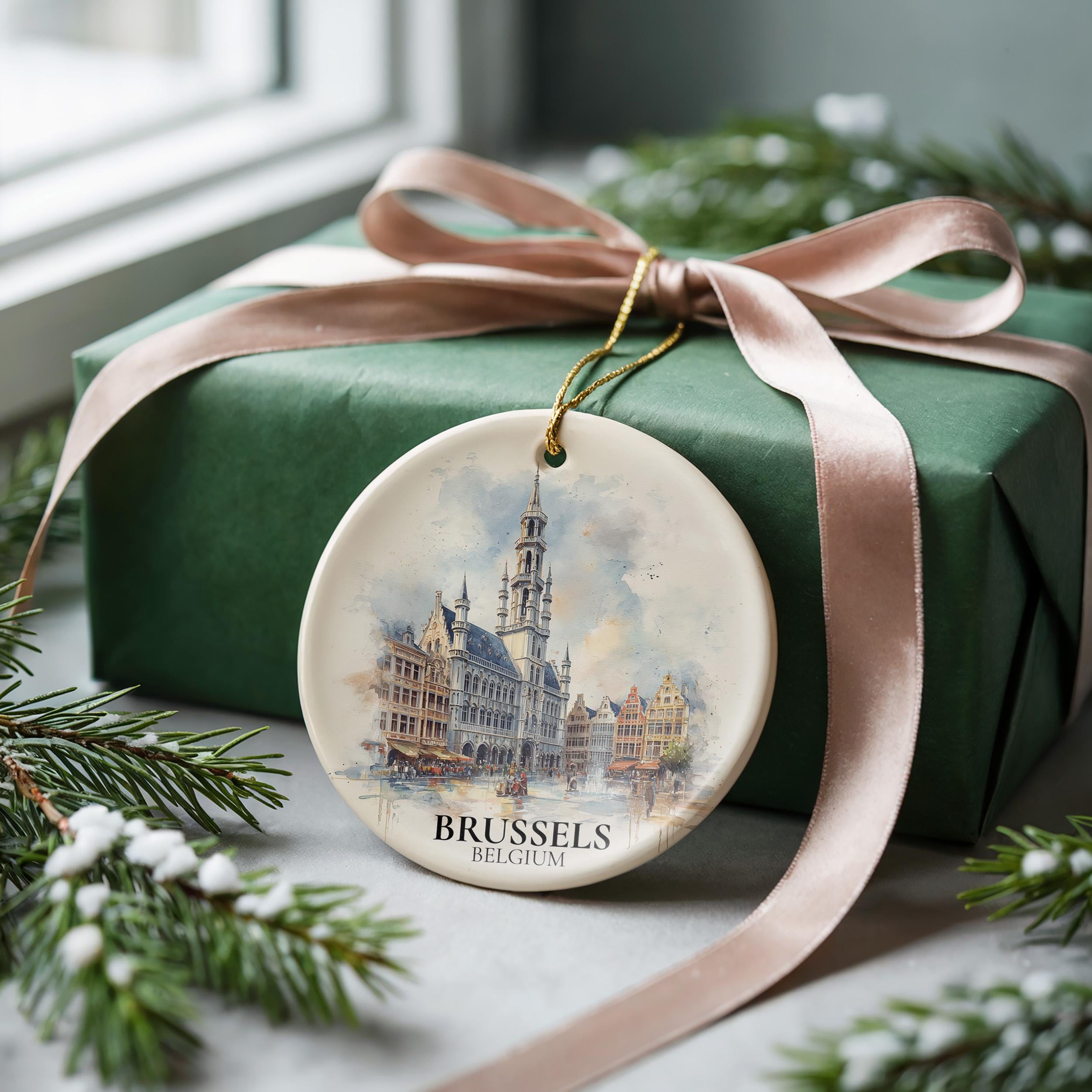 Brussels Belgium Personalized Watercolor Ornament, Custom Ceramic Christmas gift, Travel Keepsake