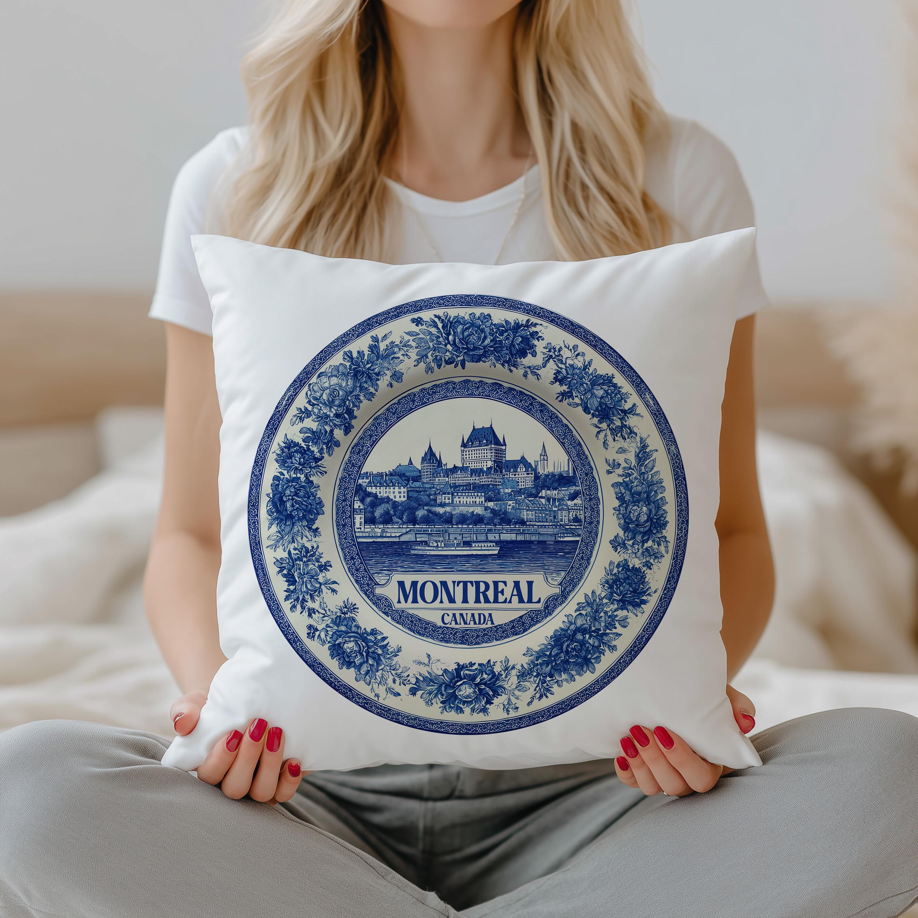 Montreal Canada Pillowcase, Delft Style Decorative Throw Pillow, Vintage Cityscape Retro Home Decor