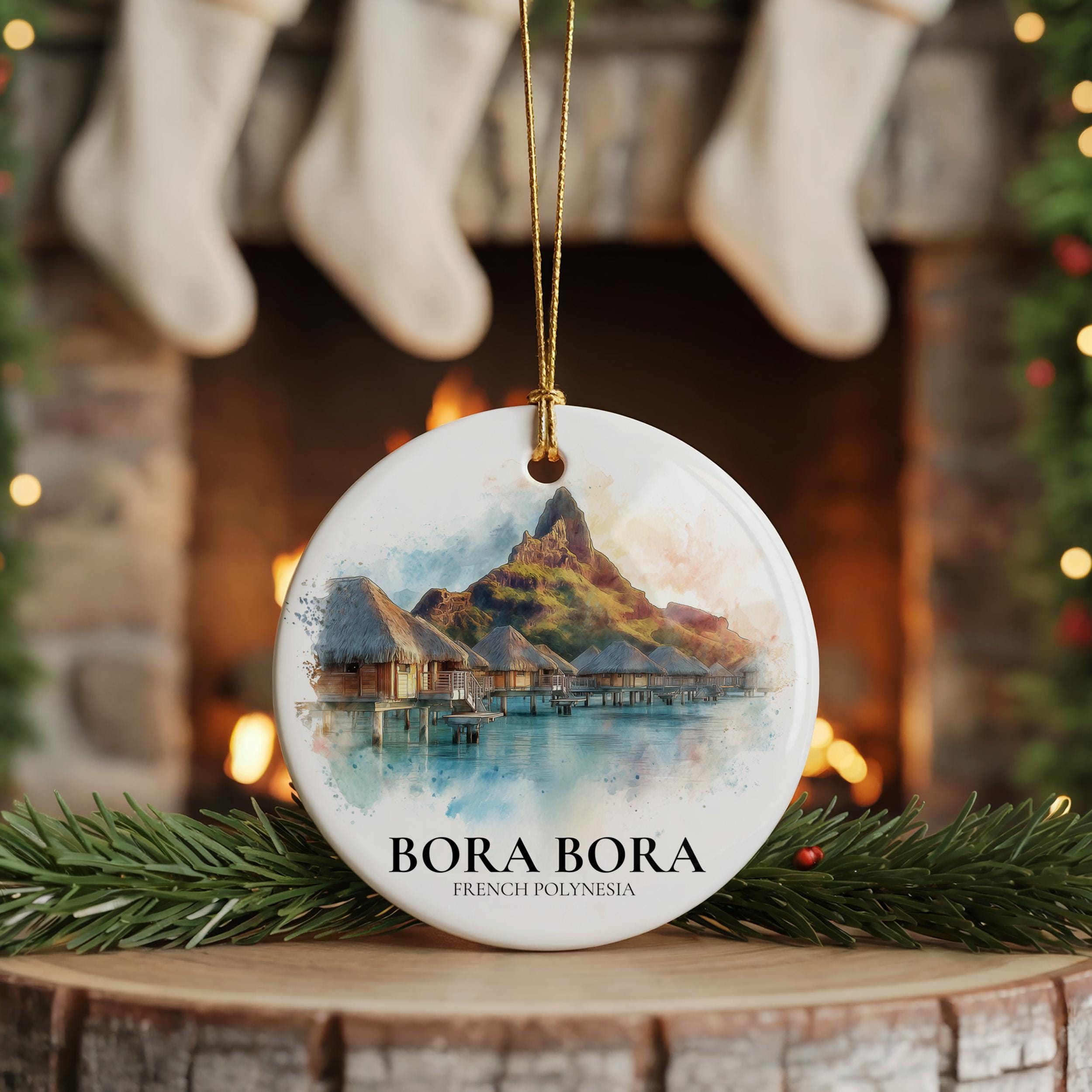 Bora Bora French Polynesia Personalized Watercolor Ornament, Custom Ceramic Christmas gift, Travel Keepsake