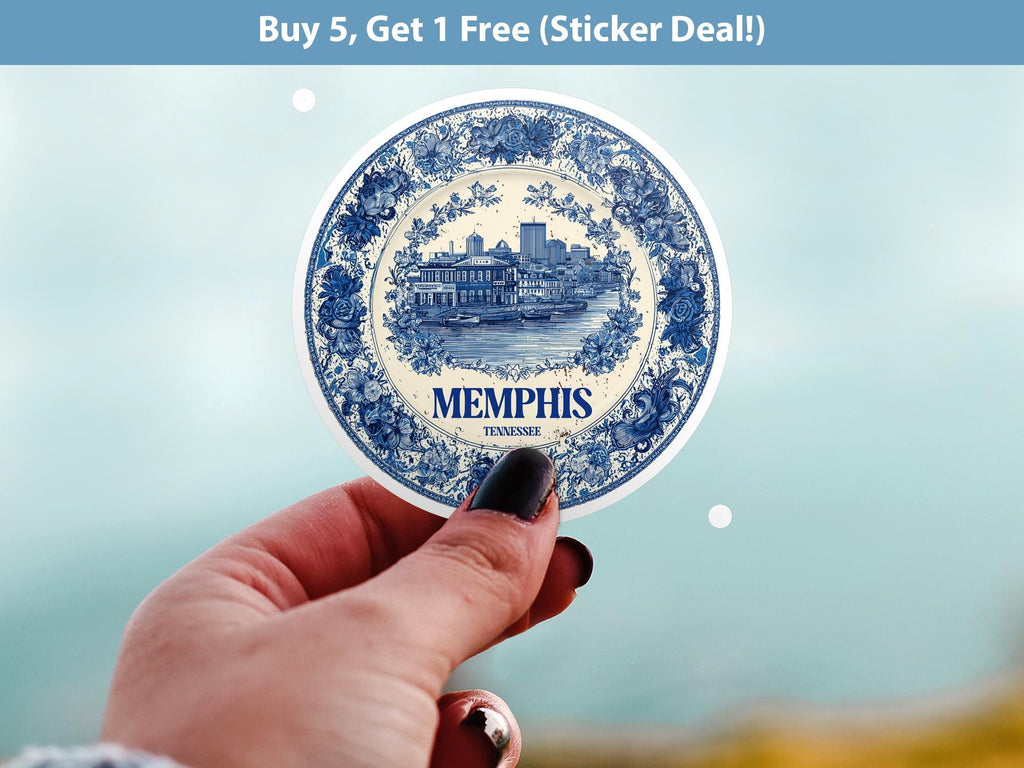 Memphis Tennessee Sticker Vintage Delft style, Delftware Decal Waterproof Vinyl, Blue City Travel