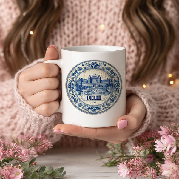 Delhi India Mug, Custom Delft Style cup, Personalized Vintage Travel City Gift