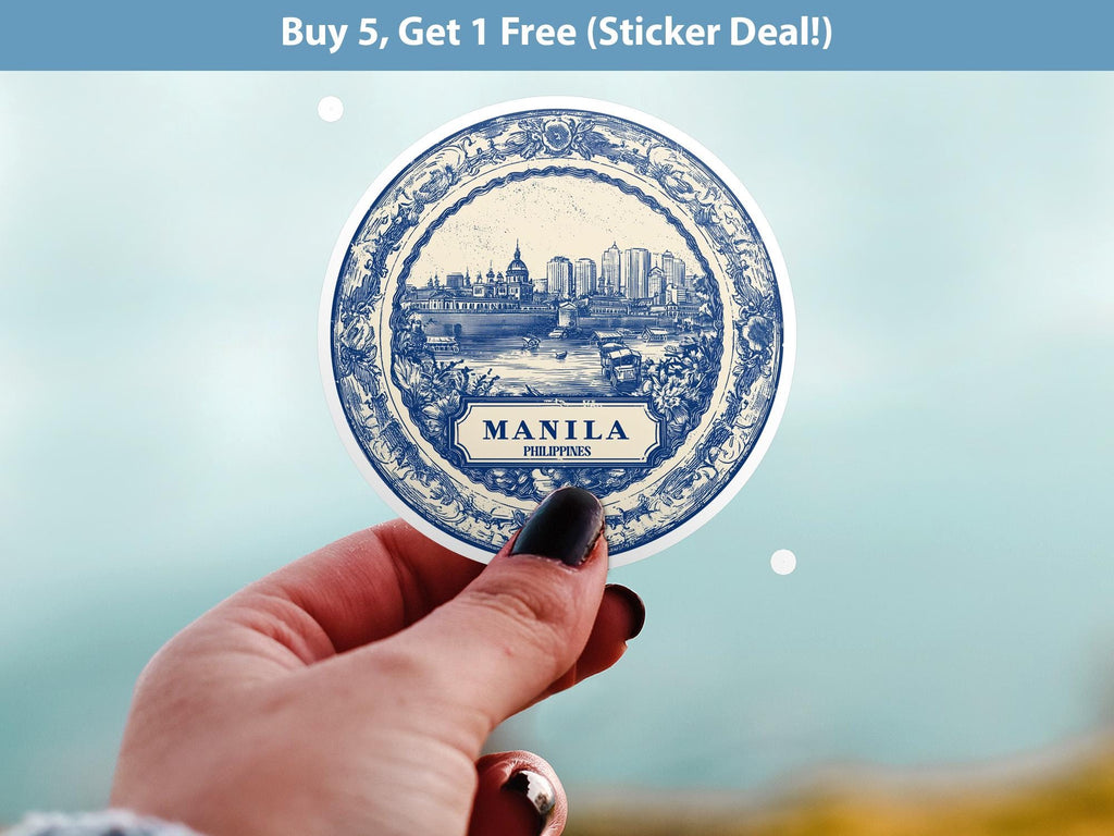 Manila Philippines Sticker Vintage Delft style, Delftware Decal Waterproof Vinyl, Blue City Travel