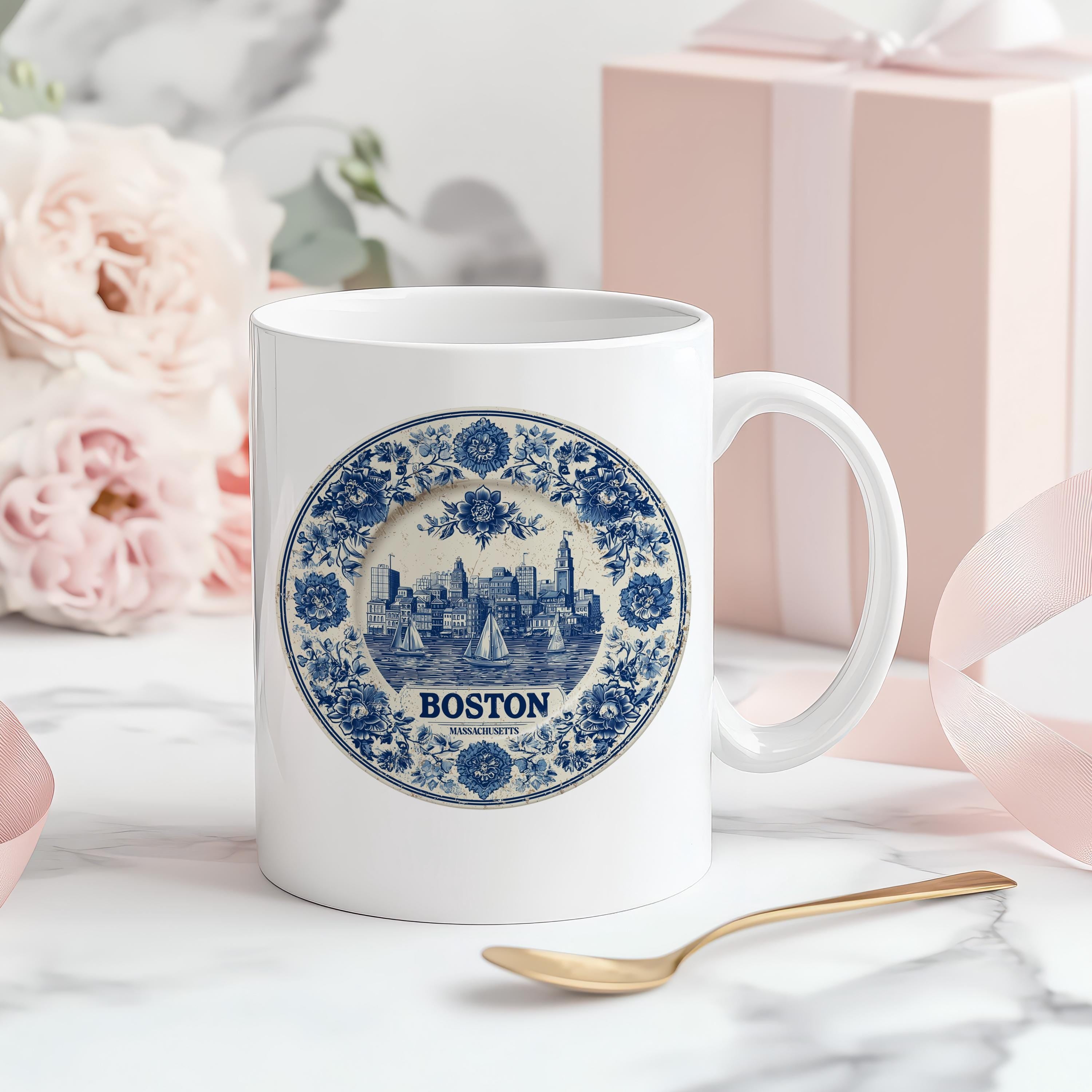 Boston Massachusetts Mug, Custom Delft Style cup, Personalized Vintage Travel City Gift