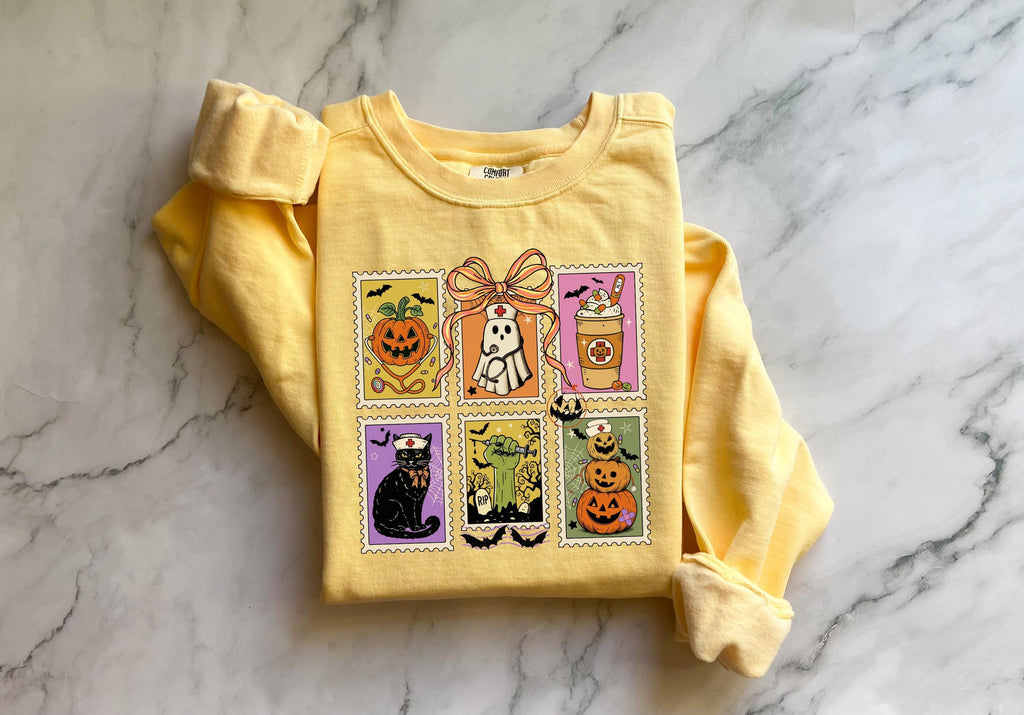 Halloween Tarot Card Sweatshirt, Witchy Nurse Fall Pullover with Pumpkin Cat Skeleton Prints, Spooky Vintage Top, Cozy Retro Gift