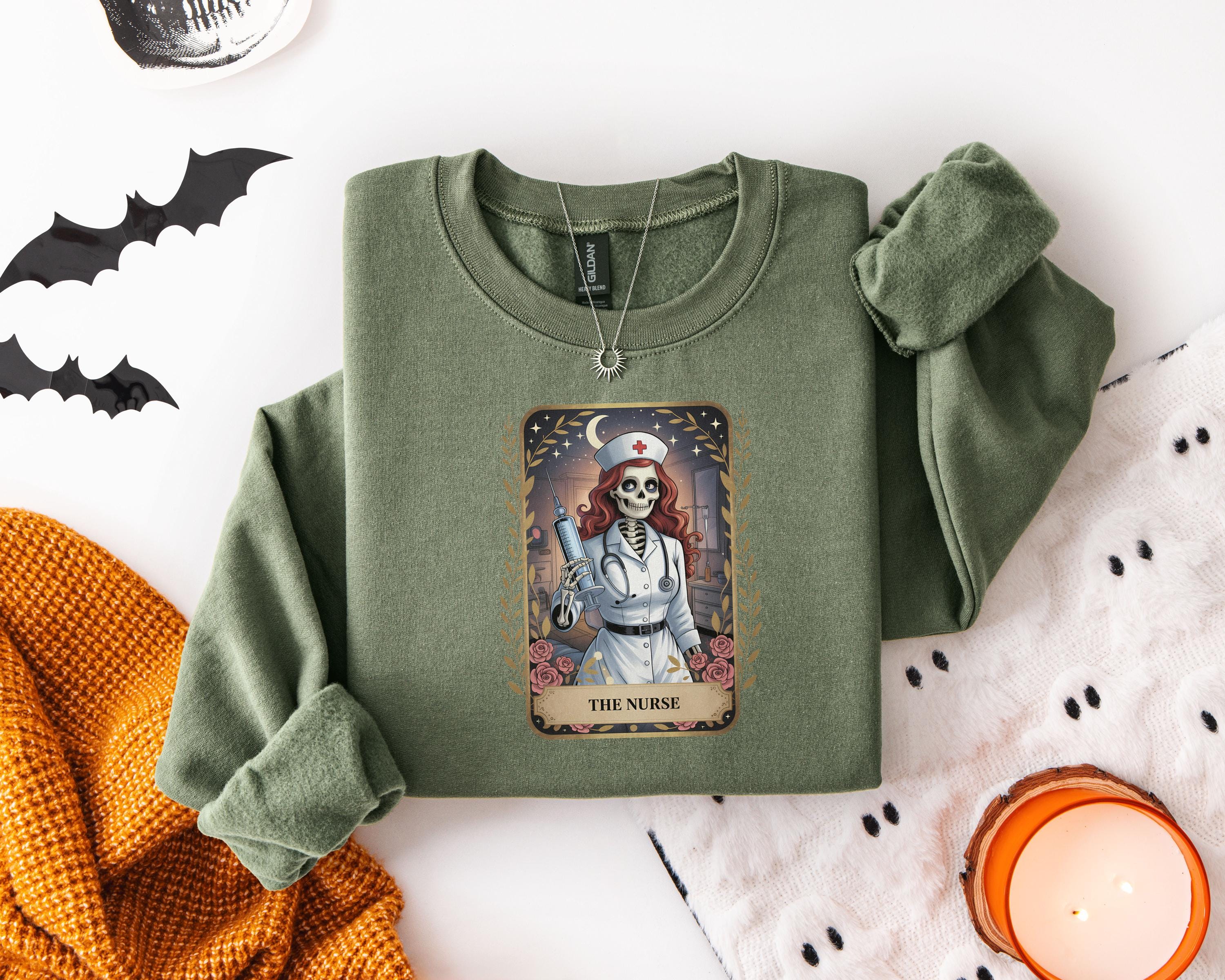 Spooky Halloween Nurse Sweatshirt: Gothic Skeleton RN, Witchy Medical Apparel