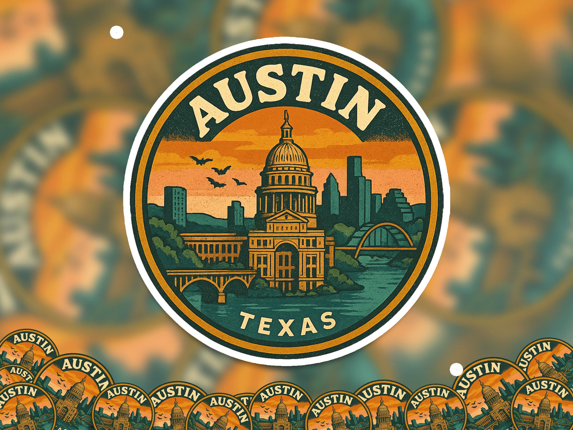Austin Texas United States Kiss-Cut Vinyl, Waterproof Decal, Retro Travel Lover Collection