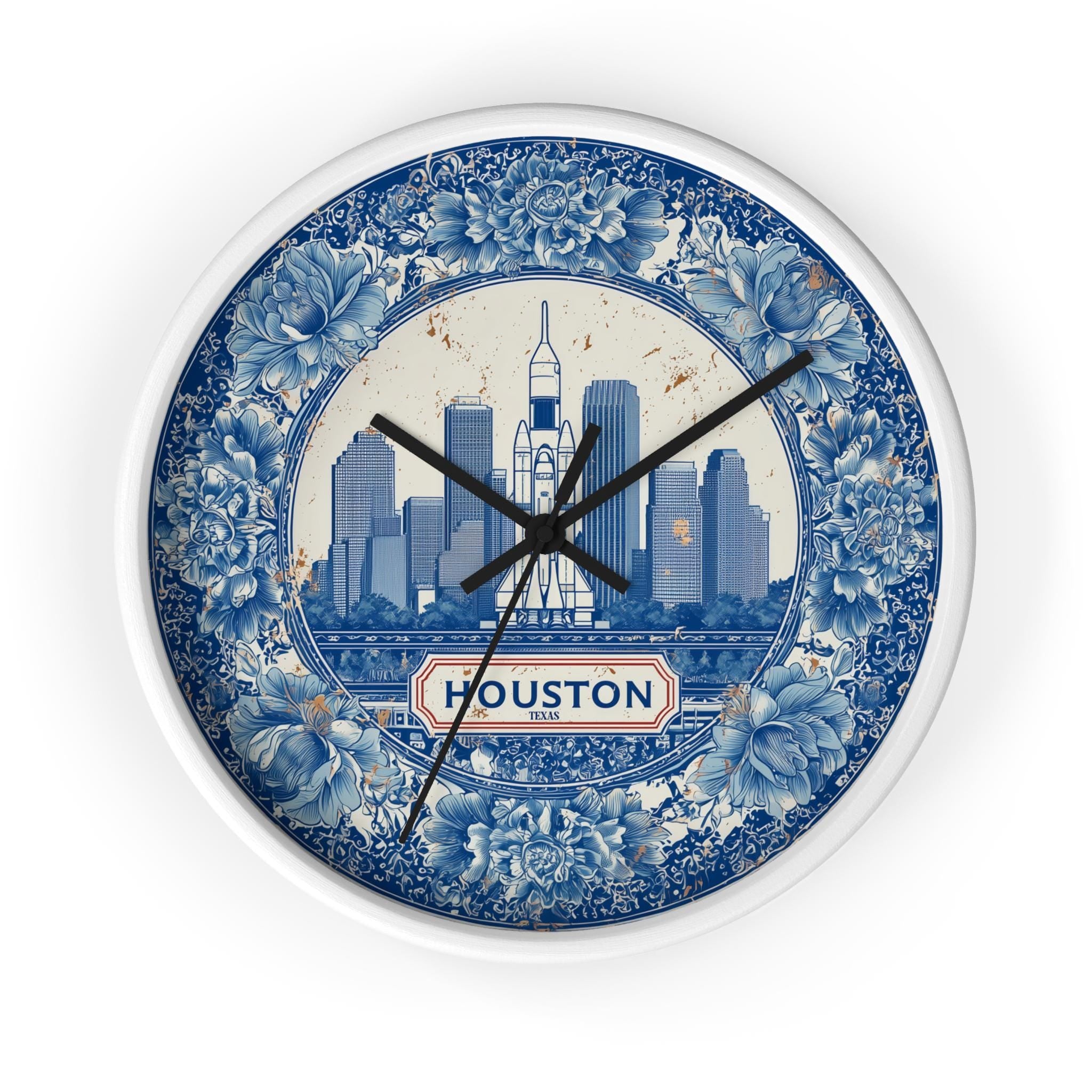 Houston Texas Wall Clock, Delf style Home Decor, Vintage City Travel Keepsake Art