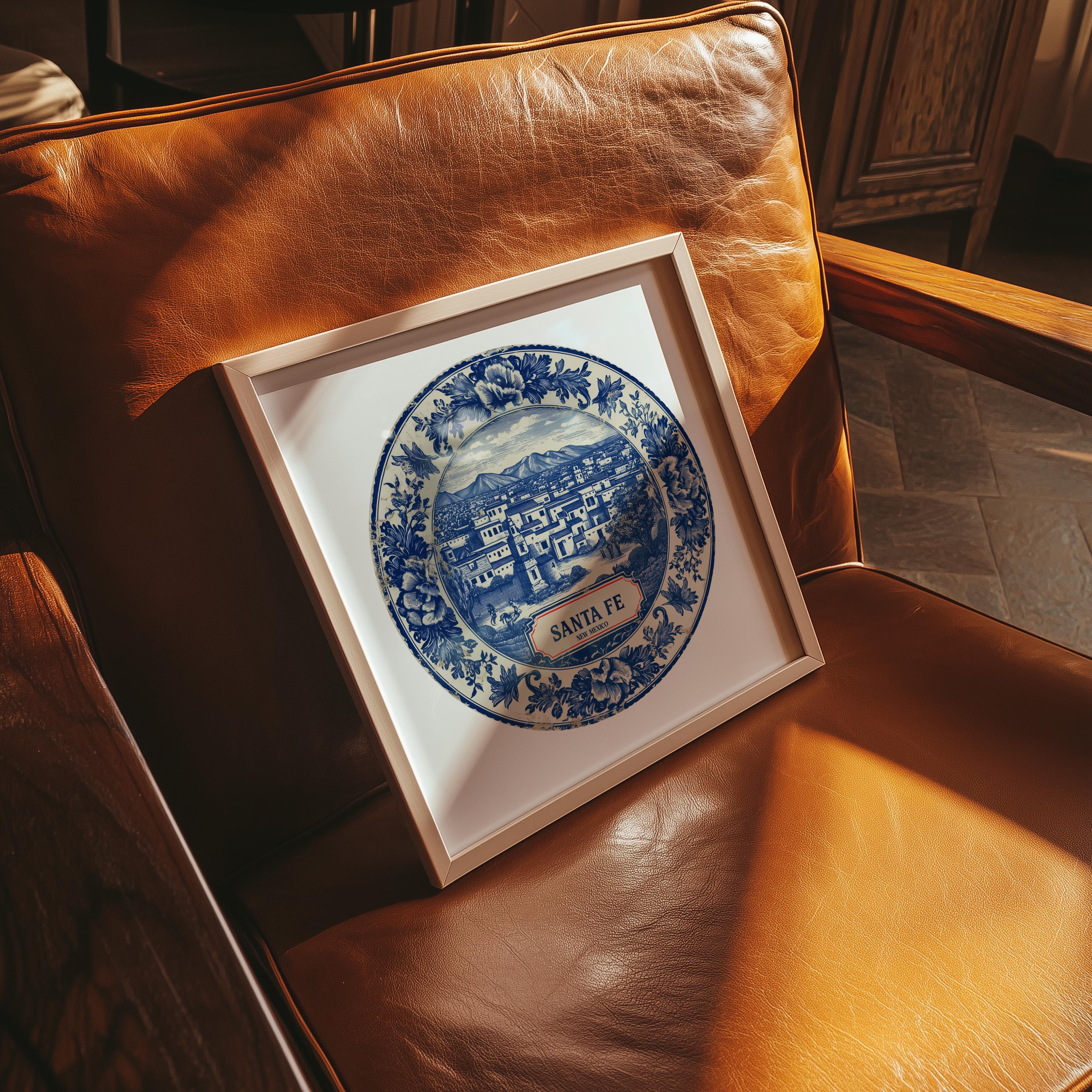 Santa Fe New Mexico Wall Art, Vintage Delft Blue Poster, City Print, Travel Home Decor