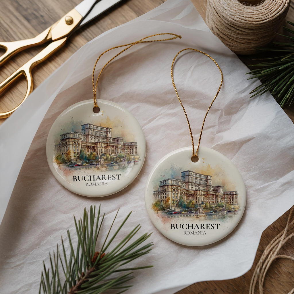 Bucharest Romania Personalized Watercolor Ornament, Custom Ceramic Christmas gift, Travel Keepsake
