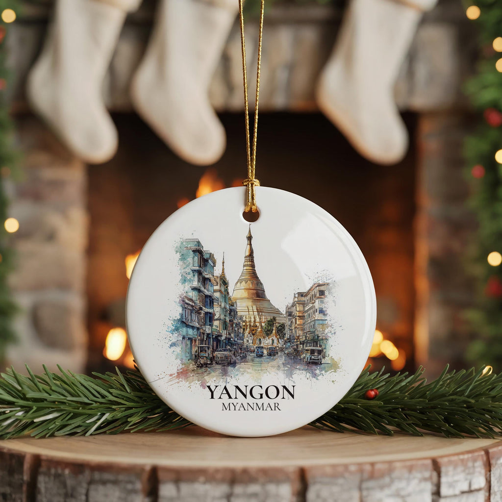 Yangon Myanmar Personalized Watercolor Ornament, Custom Ceramic Christmas gift, Travel Keepsake