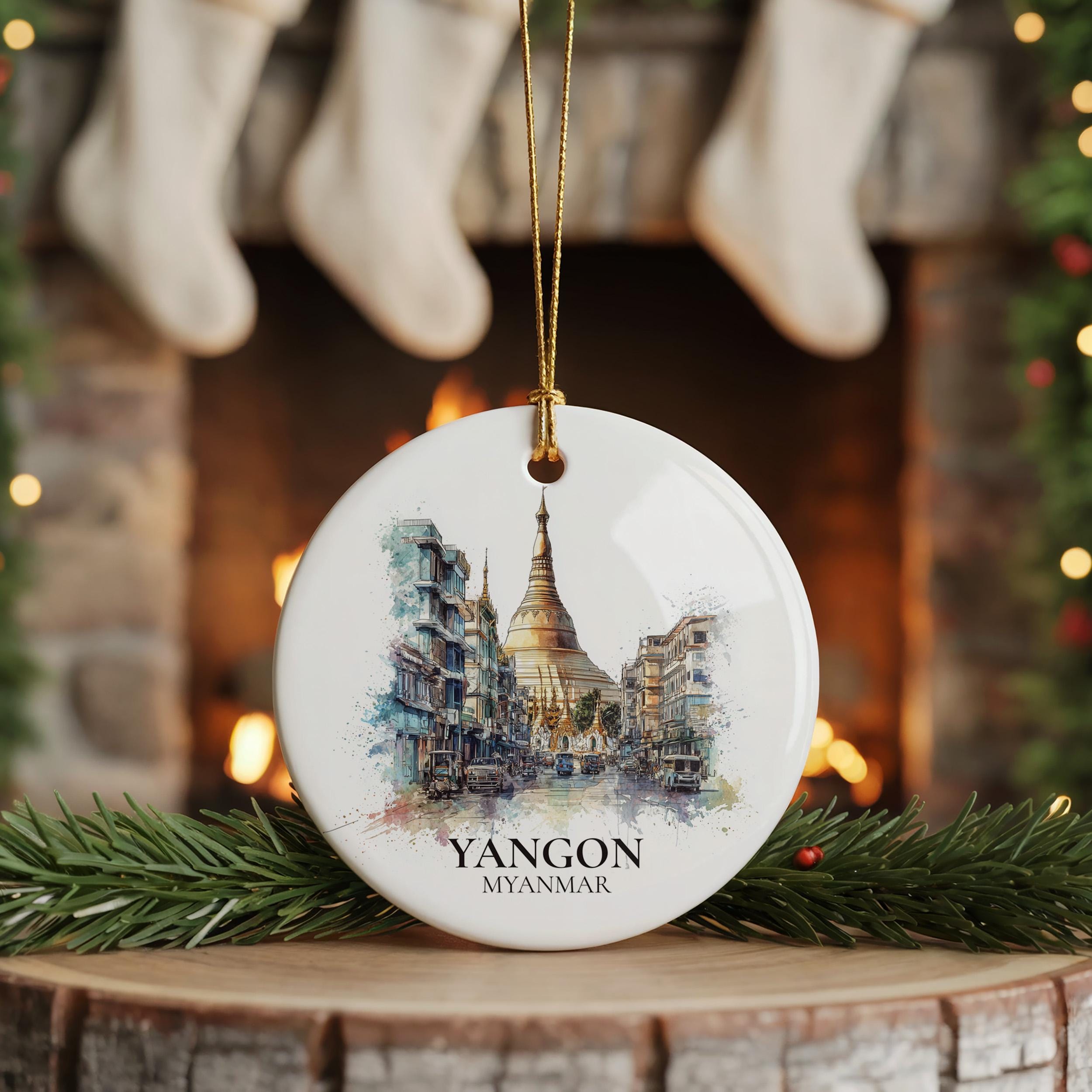 Yangon Myanmar Personalized Watercolor Ornament, Custom Ceramic Christmas gift, Travel Keepsake