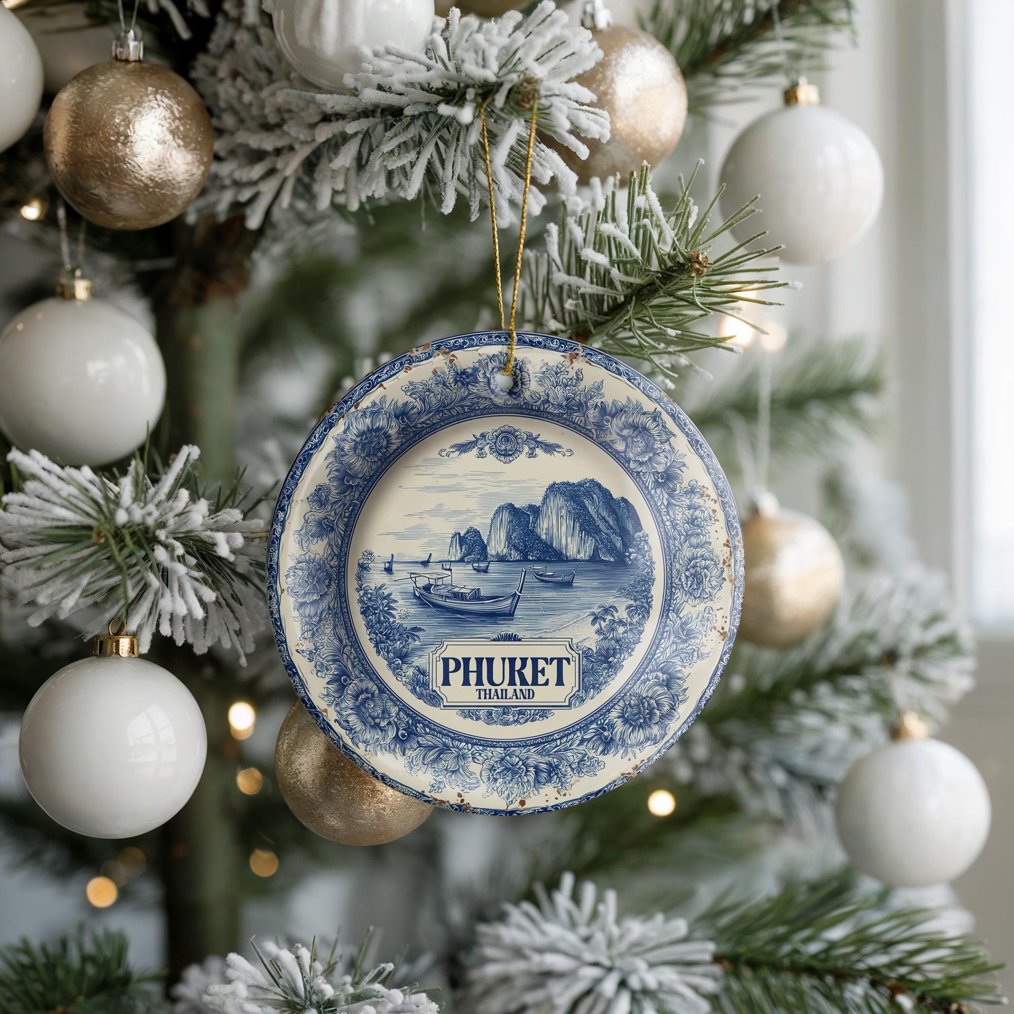 Custom Phuket Thailand Ceramic Delft Ornament, Christmas Delftware Blue Delftware city travel