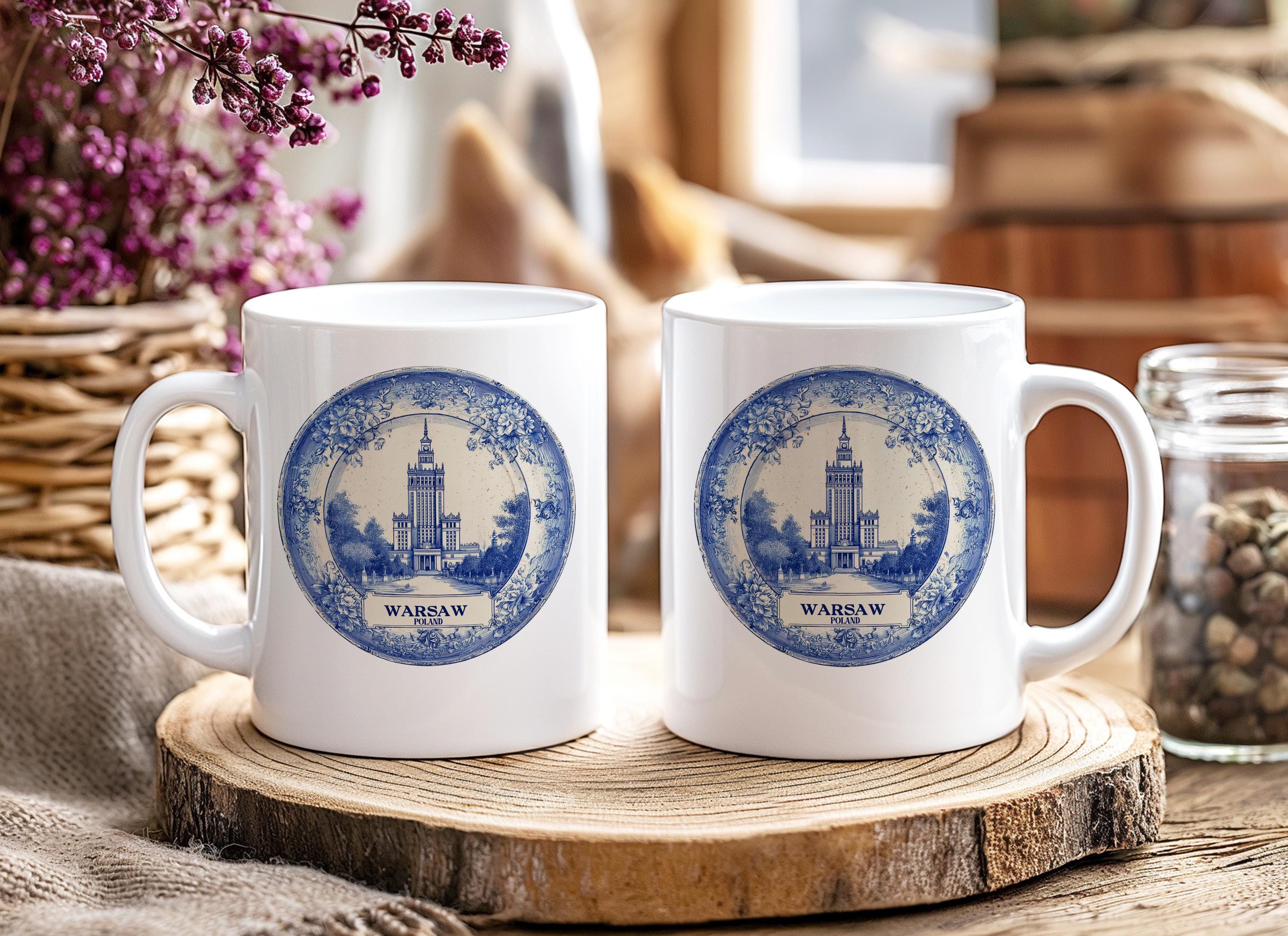 Warsaw Poland Mug, Custom Delft Style cup, Personalized Vintage Travel City Gift