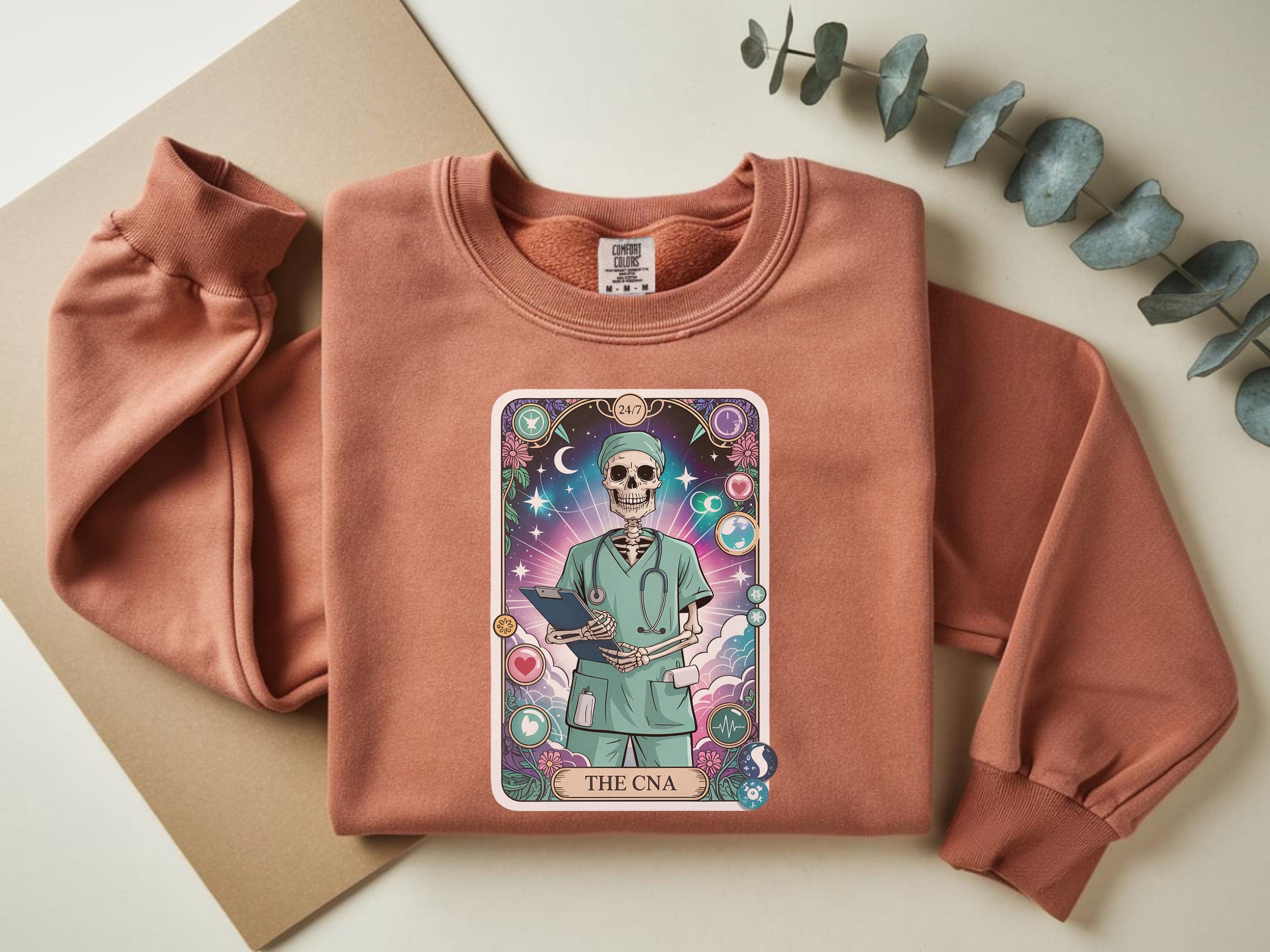 CNA Spooky Season Nurse Sweatshirt: Halloween Tarot Card Skeleton Design
