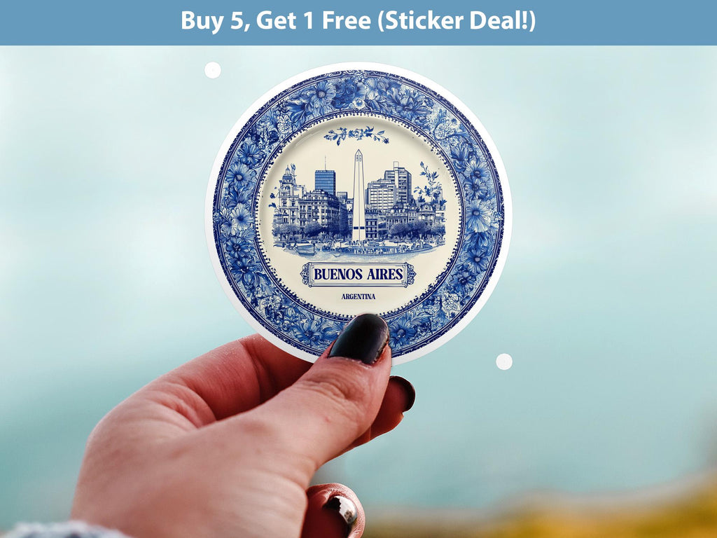 Buenos Aires Argentina Sticker Vintage Delft style, Delftware Decal Waterproof Vinyl, Blue City Travel