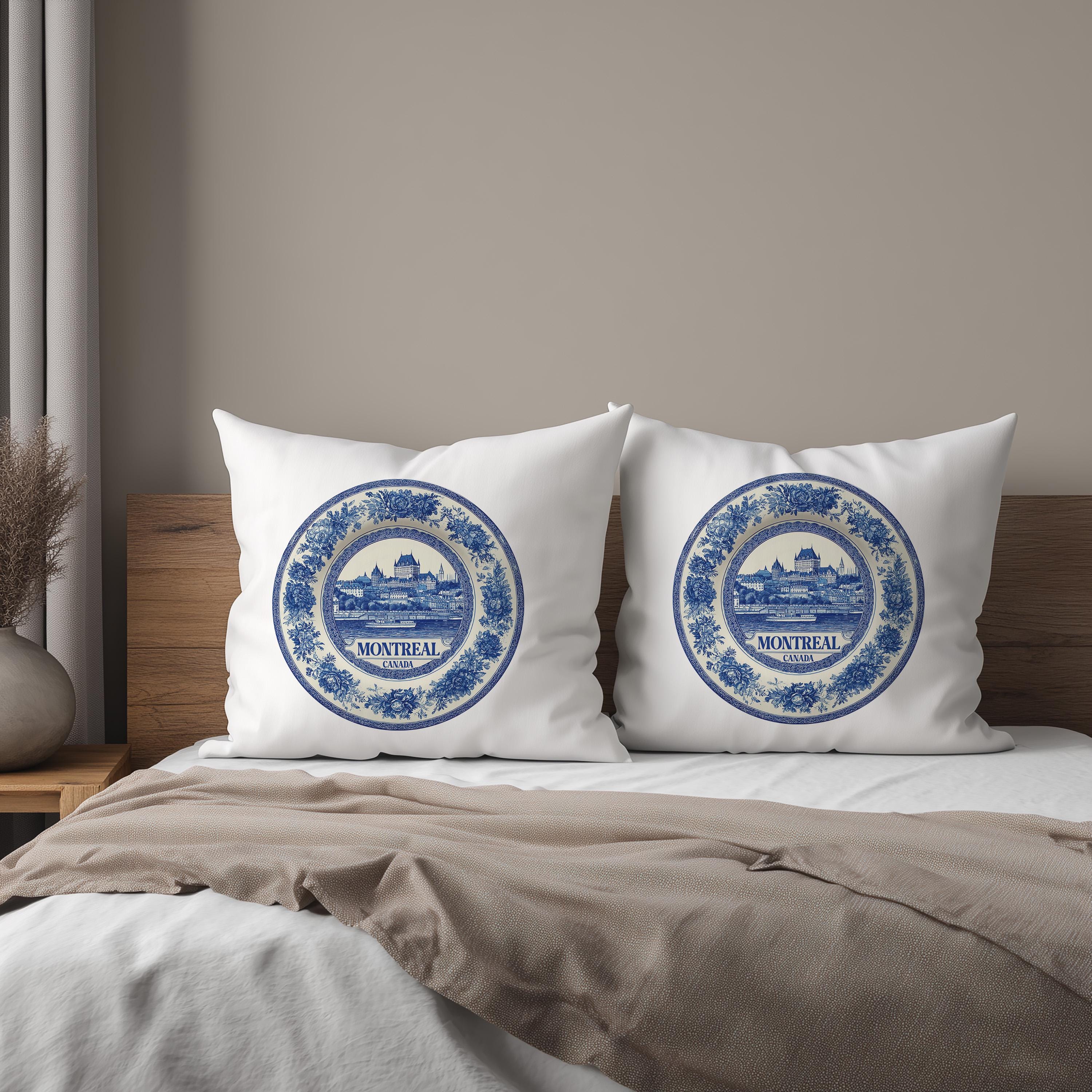 Montreal Canada Pillowcase, Delft Style Decorative Throw Pillow, Vintage Cityscape Retro Home Decor