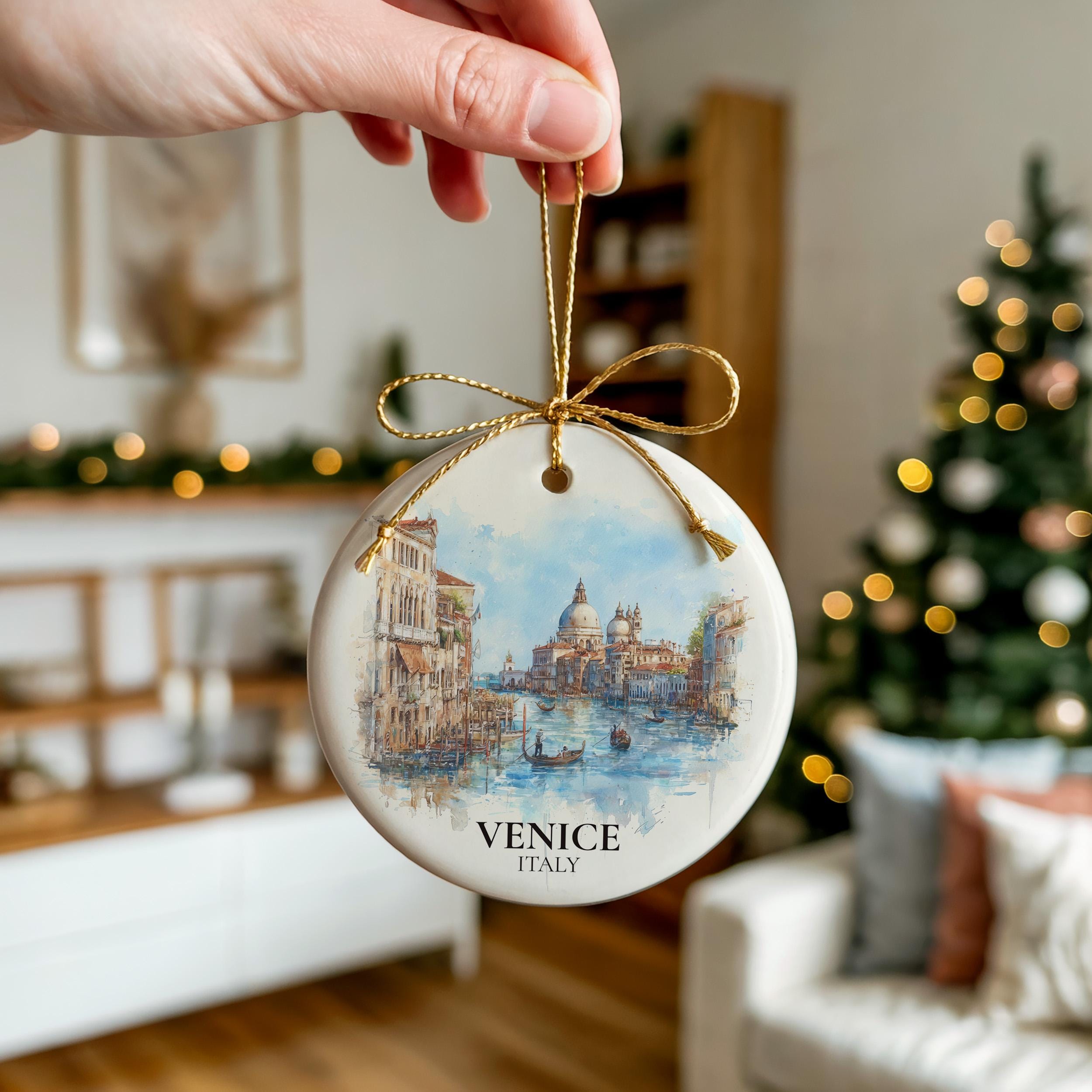 Venice Italy Personalized Watercolor Ornament, Custom Ceramic Christmas gift, Travel Keepsake