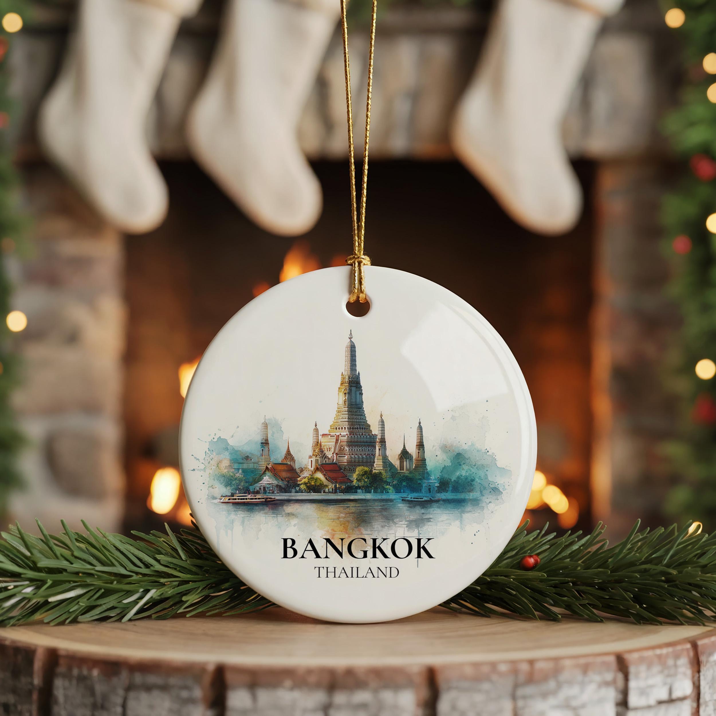 Bangkok Thailand Personalized Watercolor Ornament, Custom Ceramic Christmas gift, Travel Keepsake