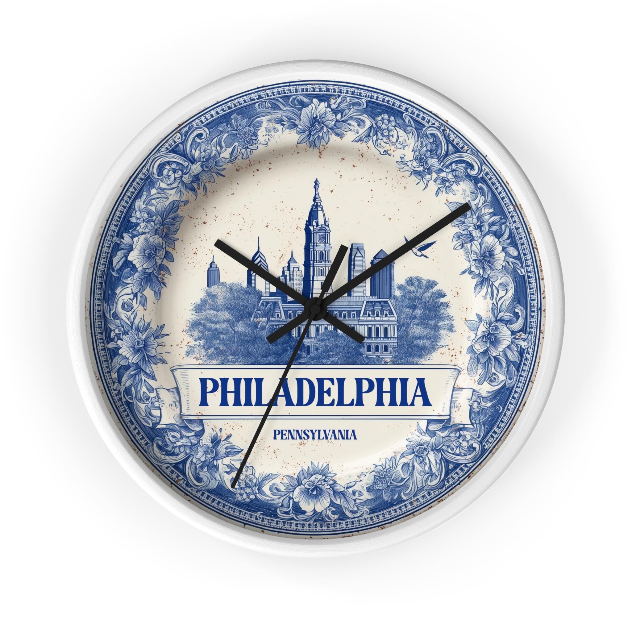 Philadelphia Pennsylvania Wall Clock, Delf style Home Decor, Vintage City Travel Keepsake Art